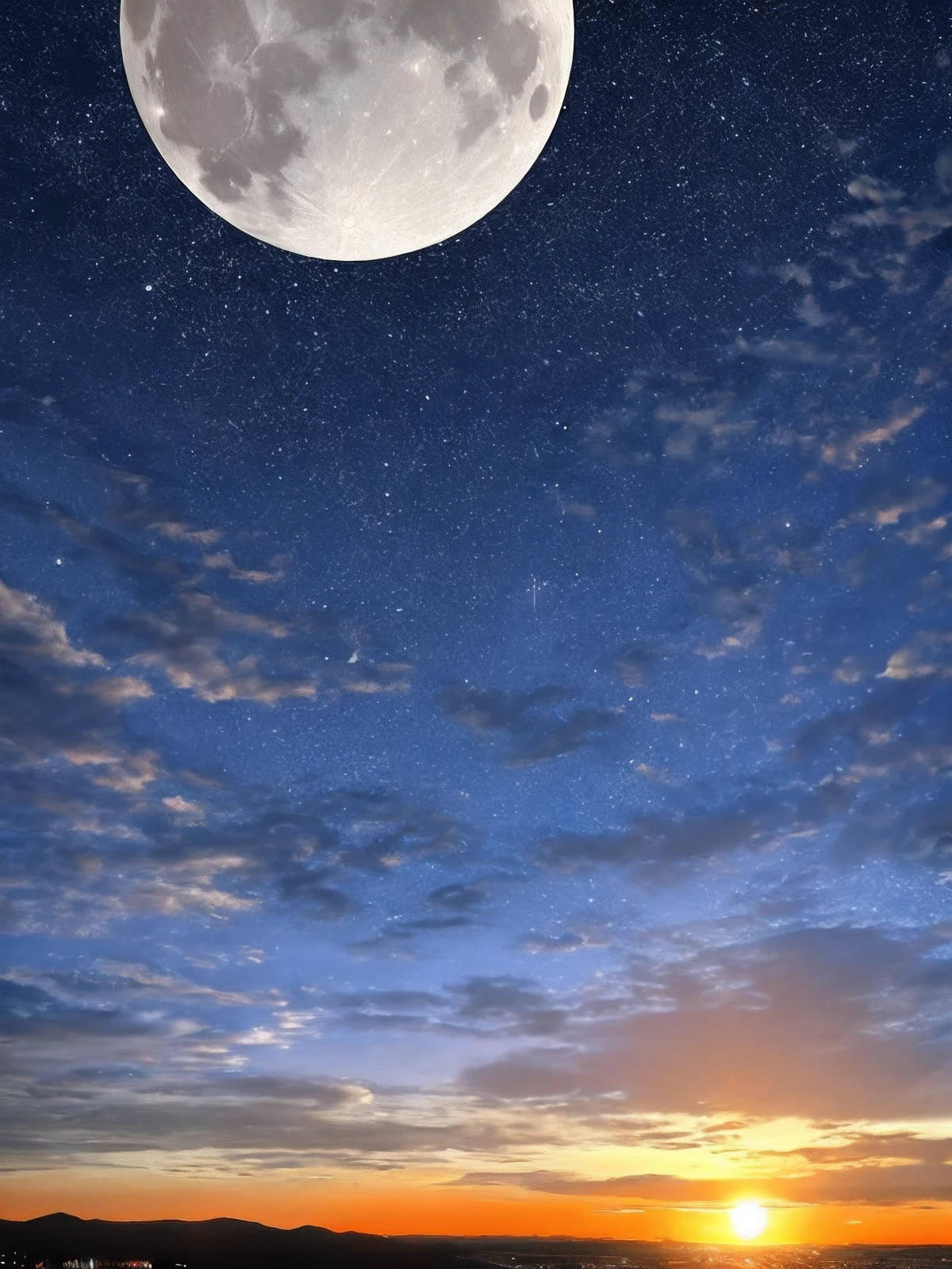 Blue sky, white clouds, sunset, stars, moon, sun