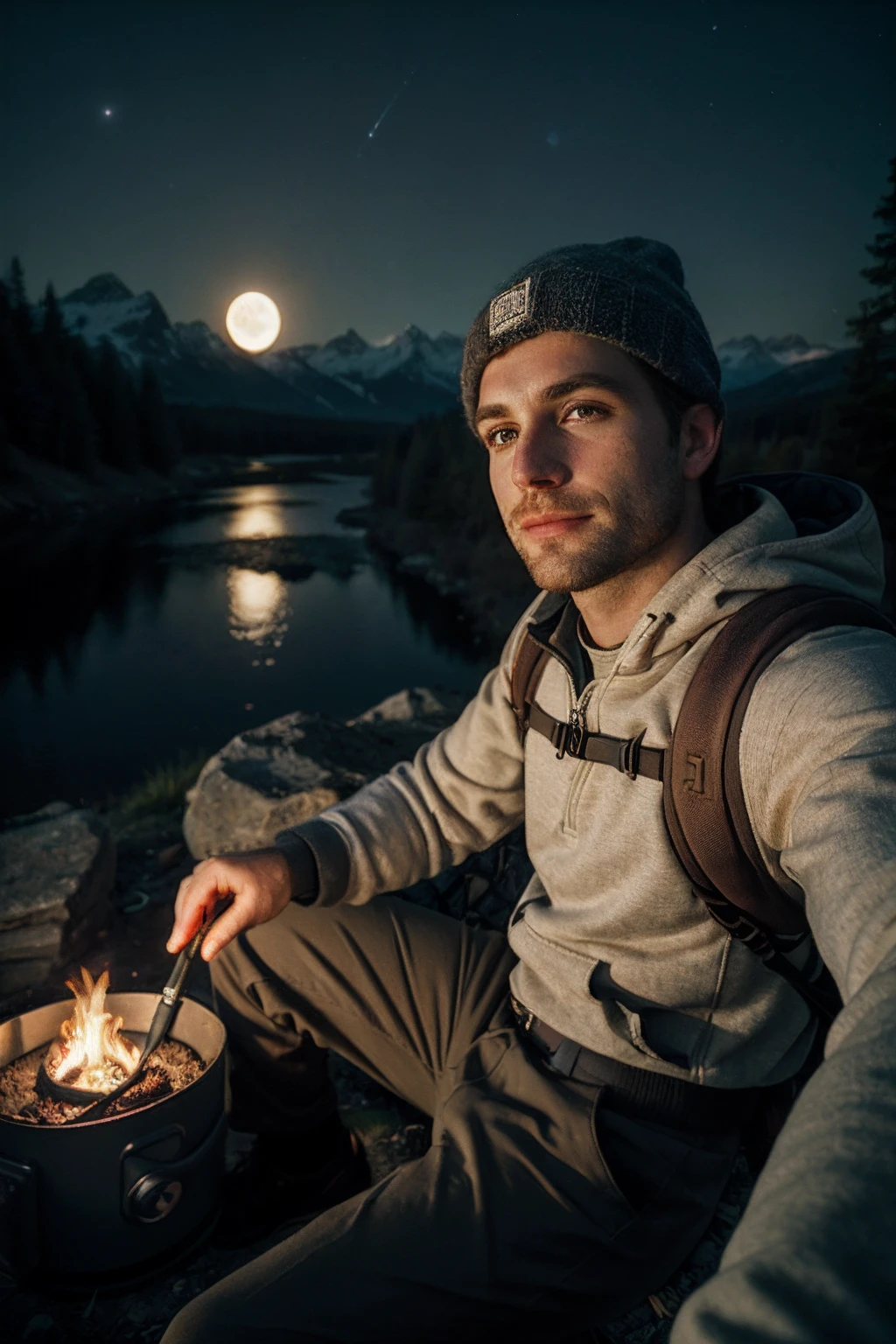 1 Man ((Upper Body Selfie, Happy)), Masterpiece, Best Quality, Ultra Detailed, Solo, Outdoor, (Night), Mountains, Nature, (Stars, Moon) Cheerful, Happy, Backpack, Sleeping Bag, Camping Stove, Kettle, Hiking Boots, Gloves, Sweater, Hat, Flashlight, Forest, Rock, River, Wood, Smoke, Shadow, Contrast, Clear Sky, Simulation Style (View Audience: 1.2) (Skin Texture) (Film Grain: 1.3) , (Warm Colors, Warm Colors)