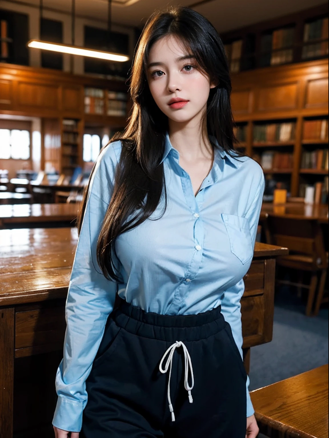 Best quality, masterpiece, super high resolution, realistic, a girl, (pretty face: 1.4), blue collar white shirt, black sweatpants (big breasts, narrow waist), long hair, in the library, bokeh, beautiful lights, shiny skin