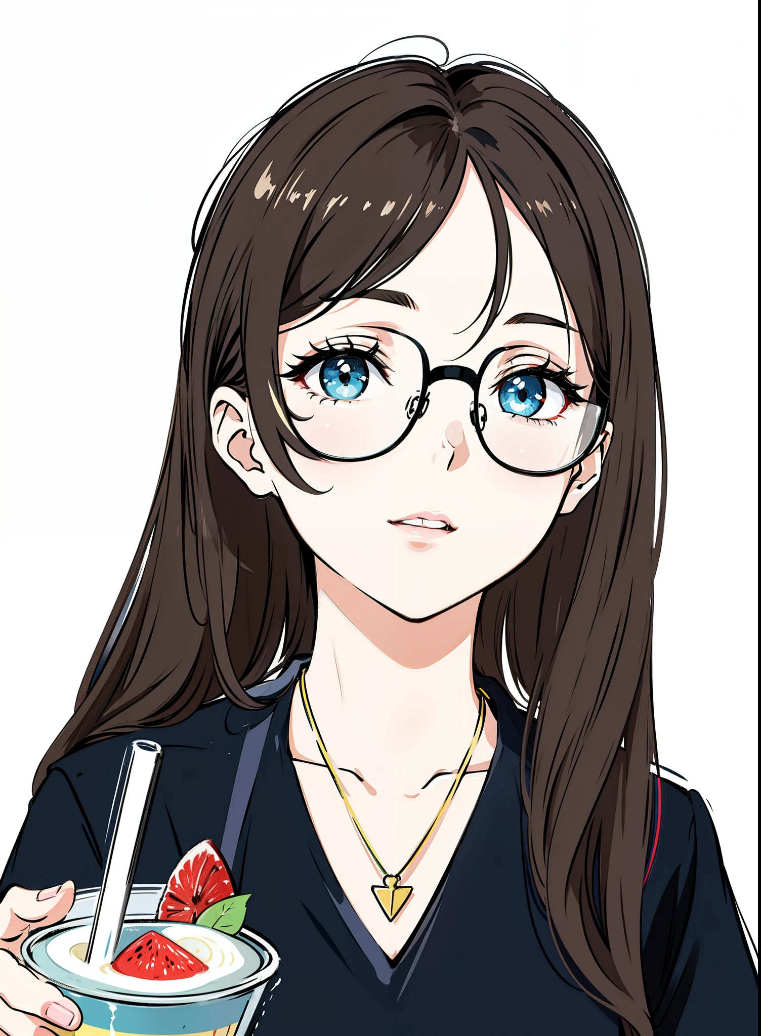 One wears big black-framed glasses，Beautiful girl with long black hair，A drink in his hand，A necklace is worn around his neck，Black short-sleeved clothes。In the background is a restaurant with an elegant environment。