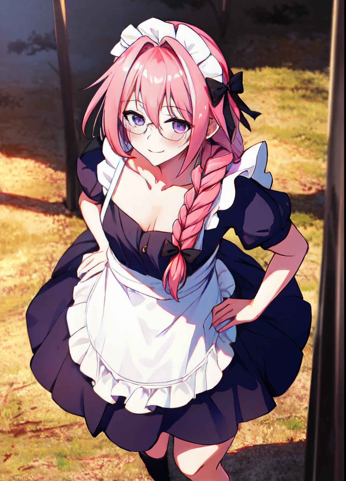 best quality, 4k, ((masterpiece)), extremely detailed, 8k, trending on ArtStation, Intricate, High Detail, Sharp focus,detailed background, (forest:1.4), 1girl, solo,(((glasses))), (((medium breast))), (((tall))), illustration, absurdres, Astolfo, long braid, looking at viewer, purple eyes, hair between eyes, striped, collarbone, hair bow, 1boy, black bow, male focus, otoko no ko, solo, pink hair, single braid, long hair, hair intakes, streaked hair, hair ribbon, from above, smile, blush, thick thighs, solo, indoors, cafe, maid headdress, maid apron, maid, hands on hips, detailed expression