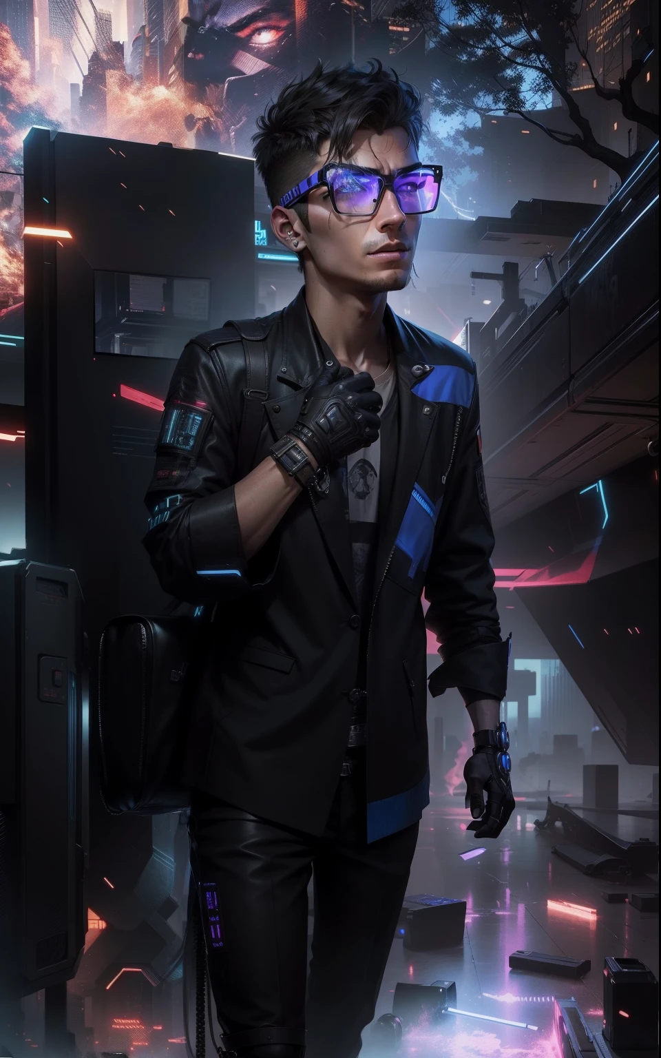 Change background cyberpunk handsome boy, realistic face, 8k, ultra realistic