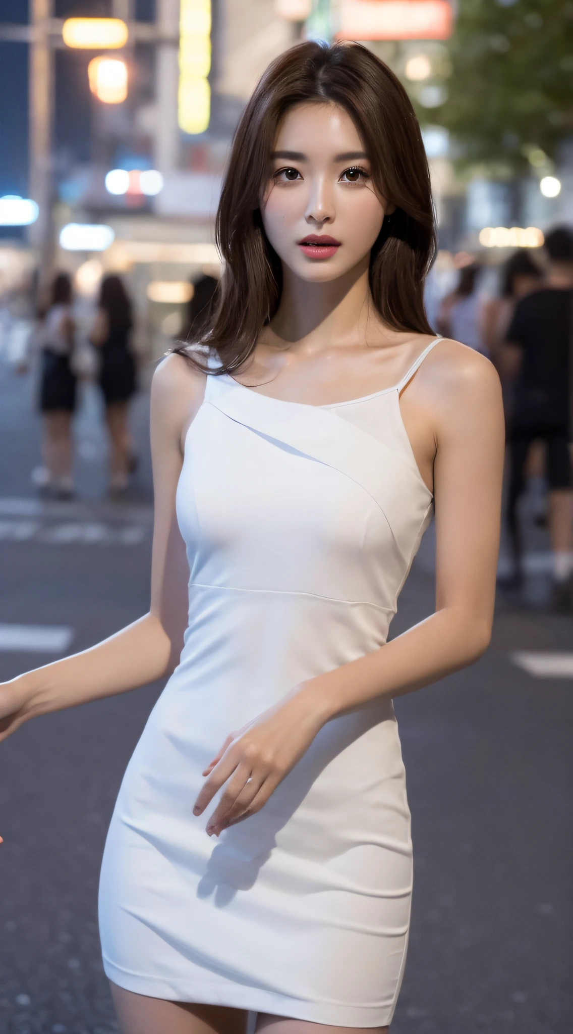 best quality, 1 Girl, dark blue hair, black eyes, Very short hair, Spiky hair, wears sweet white dress luxury,A cropped dress, 171 cm, Messy hair, Hair between the eyes, Tomboy, aldult, 20 years old, A sweet girl by the mountain