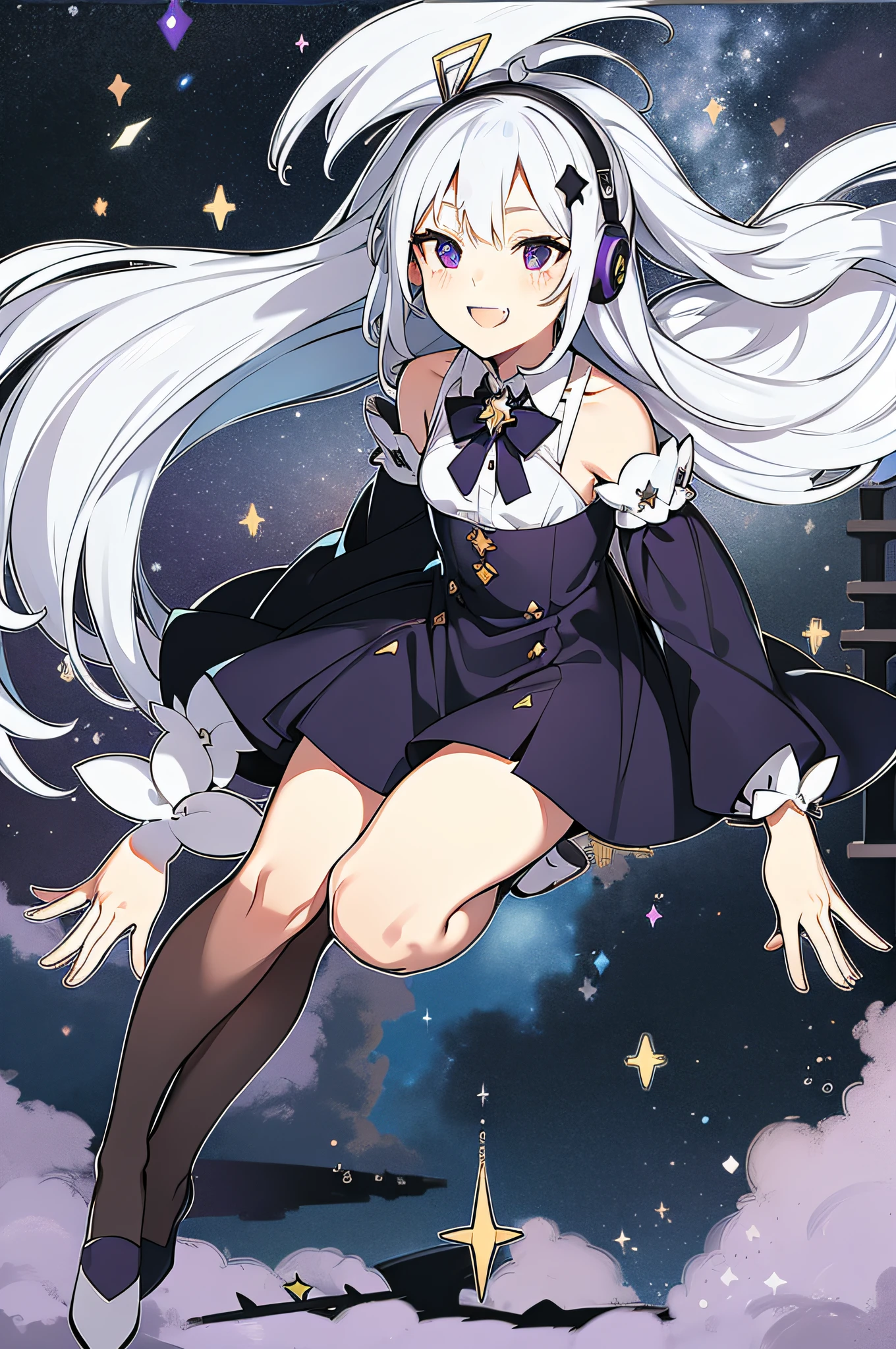 Under the dark starry sky,Falling notes in the sky,Maiden on the roof,Pure white hair,Purple eye,Star pupils,Loose hair,Purple headphones,Notes and star hairpins,Smug,Smile,with her mouth open,Show cute fangs