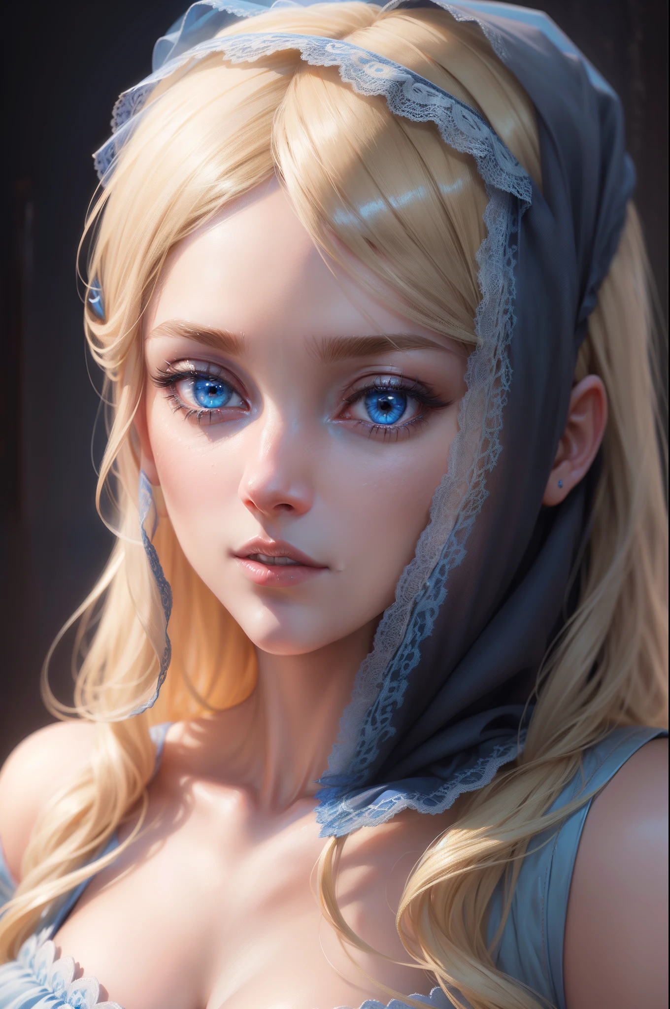 Blonde woman with blue eyes and veil on head、Soft portrait shots 8 k、Photorealistic beautiful face、8K portrait rendering、Realistic beautiful face、beautiful realistic face、photorealistic anime girl render、hyperrealistic beautiful face、8K realistic digital art、realistic digital art 4k、realistic digital art 4 k、very realistic digital art,{{{Dynamic Angle Full Body,Dynamic Angle Wide Shot}}}