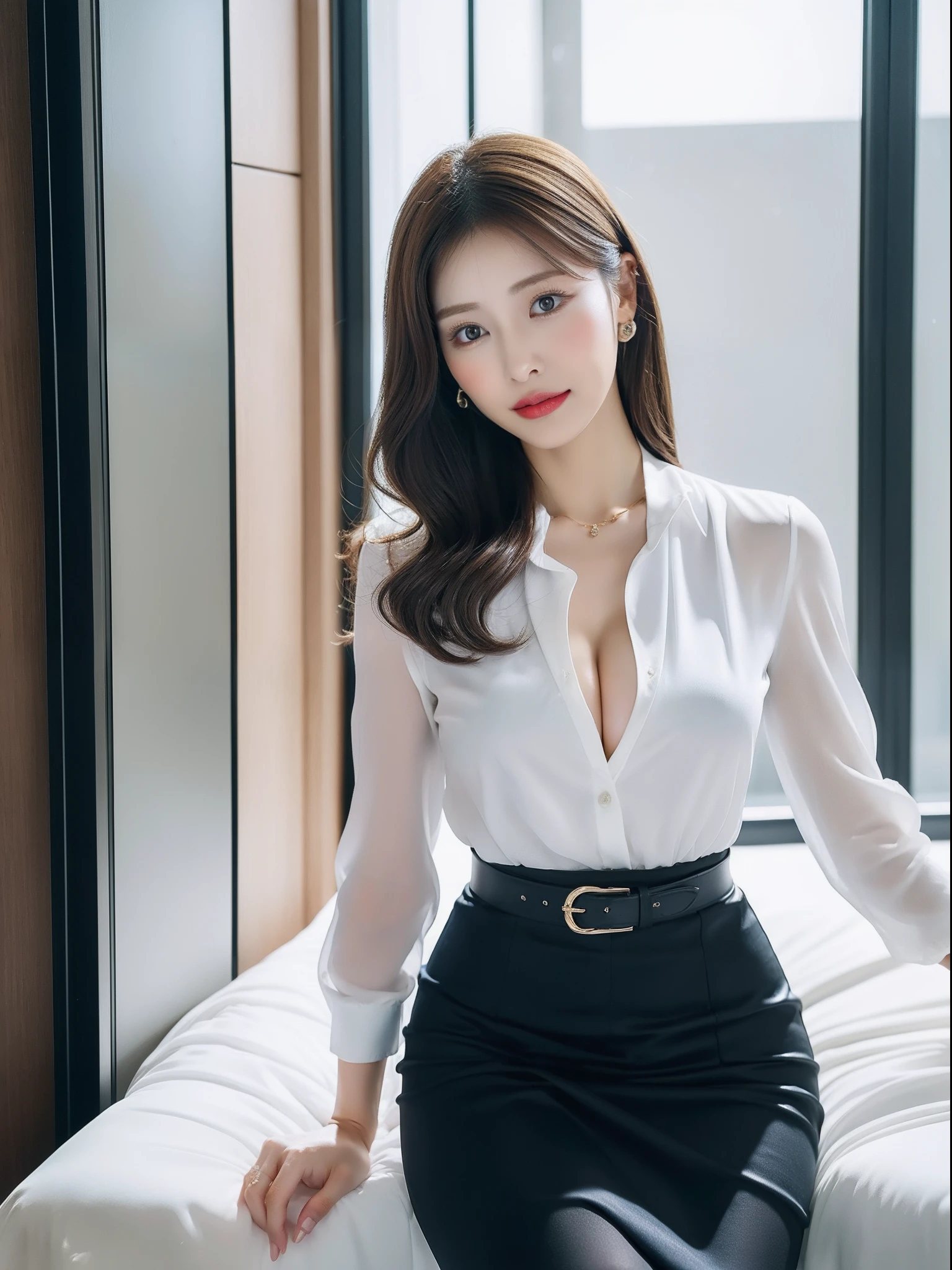 NSFW, (Best Quality, 8K, masutepiece:1.3)) , (femele: 1.4), 1girl in, goddes, 25 years old, costume photography, The whole picture, Nikon SLR camera, Focus aperture F.2, focal length 85mm, (Face Close-up), (Large breasts), ( Standing), (Chest close-up), (hip close-up), Arakfi woman in business casual dress posing for photos, PORTs costume, sitting on a bed, Elegant dress, black curly hair, Double eyelids, Black eyes, fine eye details, long eyelashes, fine eyelash details, Snow-white skin, Fine skin texture, Pozi style clothing, formalwear, Business Wear, business skirt, business skirt, delicate skirt, luxurious skirt, full cover skirt, thin waist, the detailed images, elegant intellectual charm beautiful, Charming, elegant high quality, Cheerful, romantic