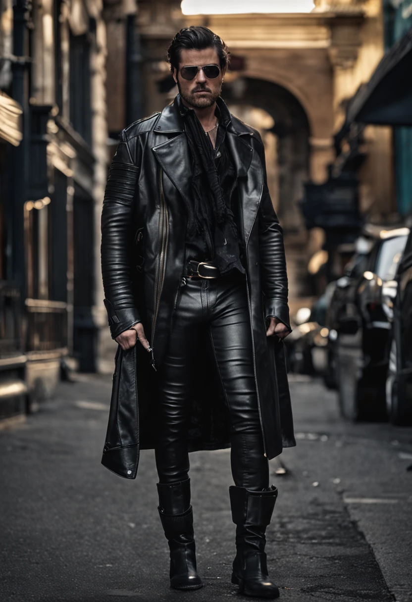 Leather jacket, leather boots, leather pants, metal accessories, men