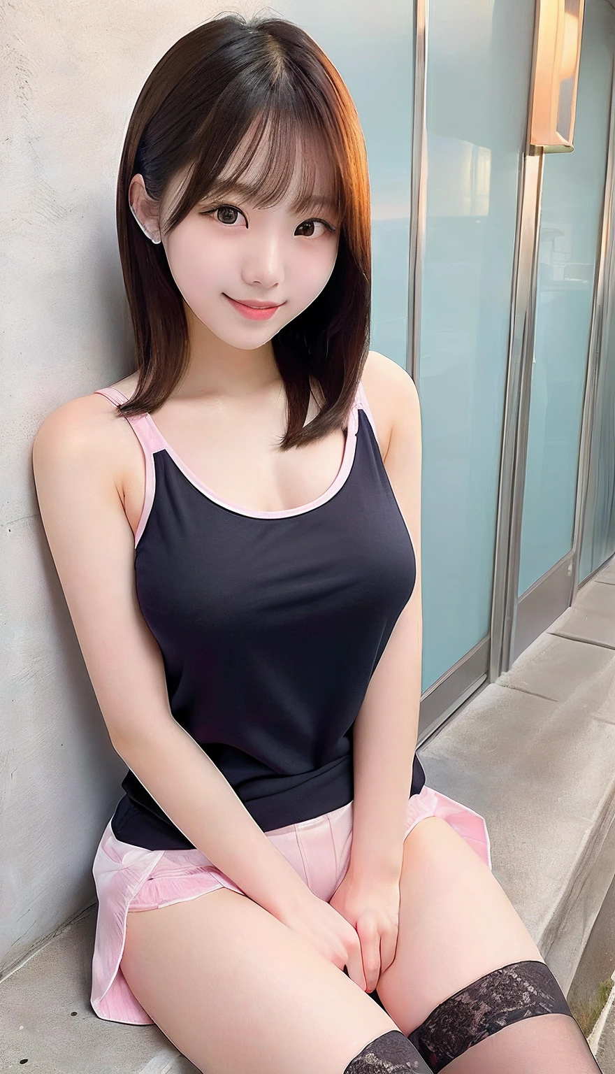 Close up portrait of woman in light blue top and pink skirt, Gorgeous young Korean woman, Korean Girl, beautiful Korean women, gorgeous model, Beautiful Asian Girl, Black top, 2 female model, Japanese Models, Beautiful young Korean woman, tight black tanktop, photo of slim girl model, Asian Girl, She wears a light blue tank top、Stockings、Chest pulled together、Camisole、Tank Tops、off shoulders、arms folded