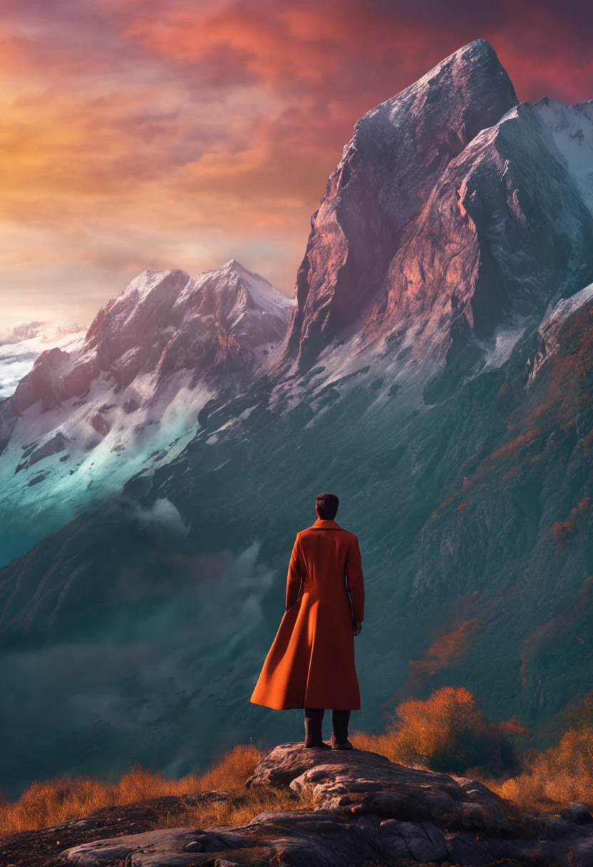 Draw a man with beautiful women standing on a high mountain