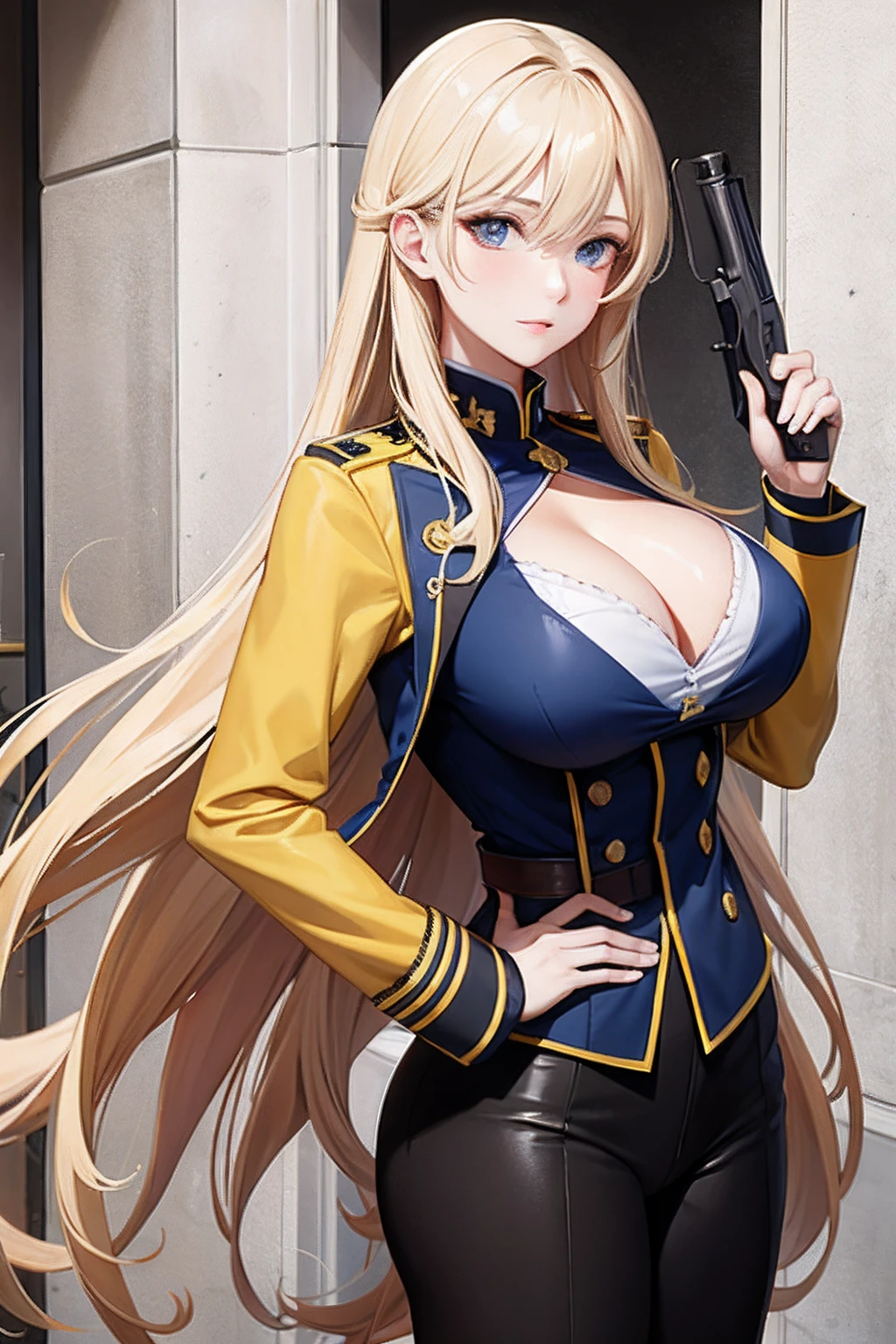 French beauty，Wearing a yellow military uniform，Expose cleavage，Huge breasts，One of them had a gun in his hand，blonde flowing hair，Most detailed