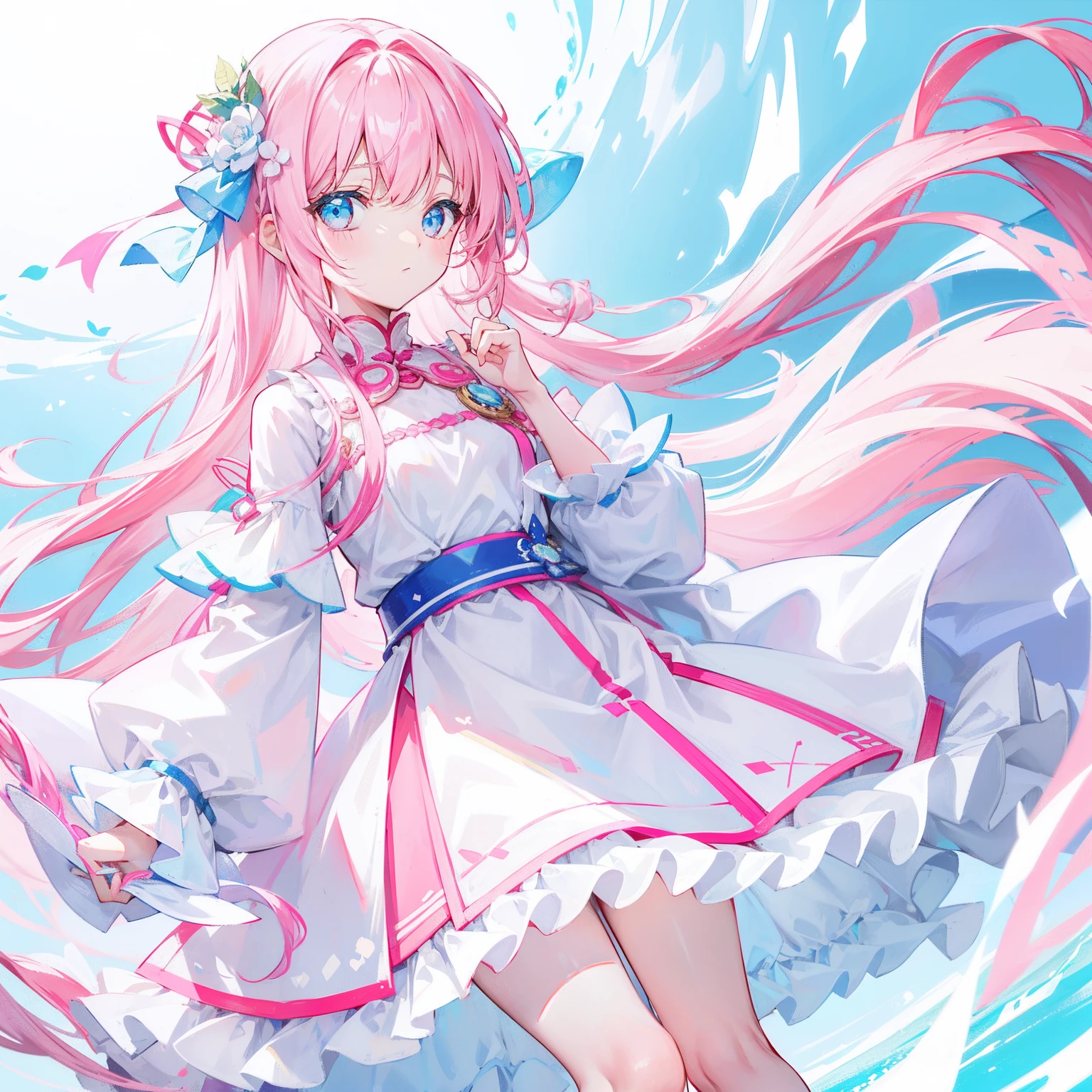 Long hair with light pink and white,Blue, White and pink clothes,She is a cute and cute girl,Transfer sister,It looks very light and gentle
