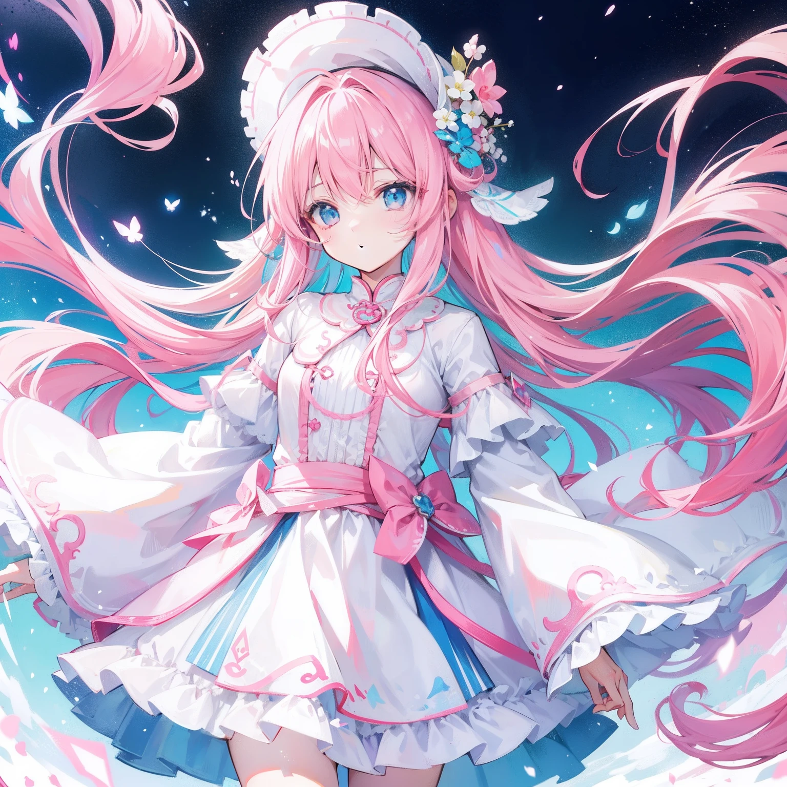 Long hair with light pink and white,Blue, White and pink clothes,She is a cute and cute girl,Transfer sister,It looks very light and gentle