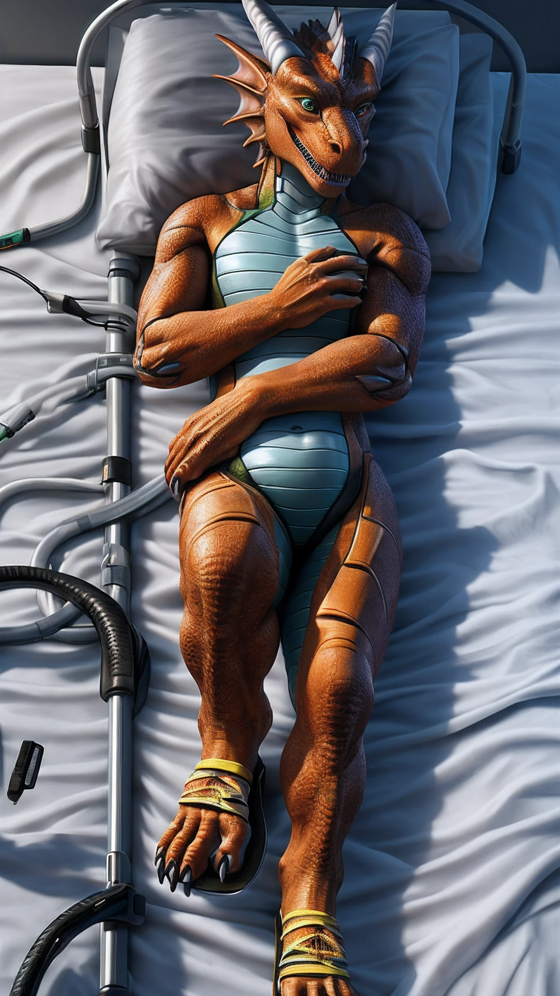dragon，female，Android，Red Lingeri，sandals，Lying in a hospital bed，HD graphics，Detailed and realistic，high detal，high qulity，photo-realistic，photorealistic eye，Detailed paws，Clear eyes，Masterpiece artwork，Five-fingered hands，top-quality，32k，hyper HD，cg art