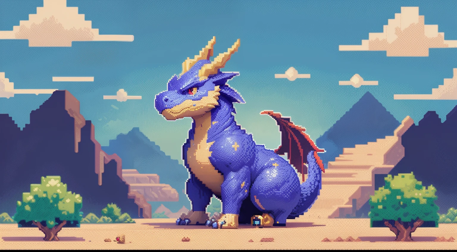 Pixel image of a dragon, A desert,blue-sky,baiyun,depth of fields,Dragon pixel art, 1 0 0 0 x 1 0 0 0 pixel art, pixel art sprite, videogame sprite, high quality pixel art, Pixel art vintage Digimon bitmap, For red and blue Digimon,Pixel uh, 32-bit pixel art, vintage art, pixel art 8 - bit, pixelart style