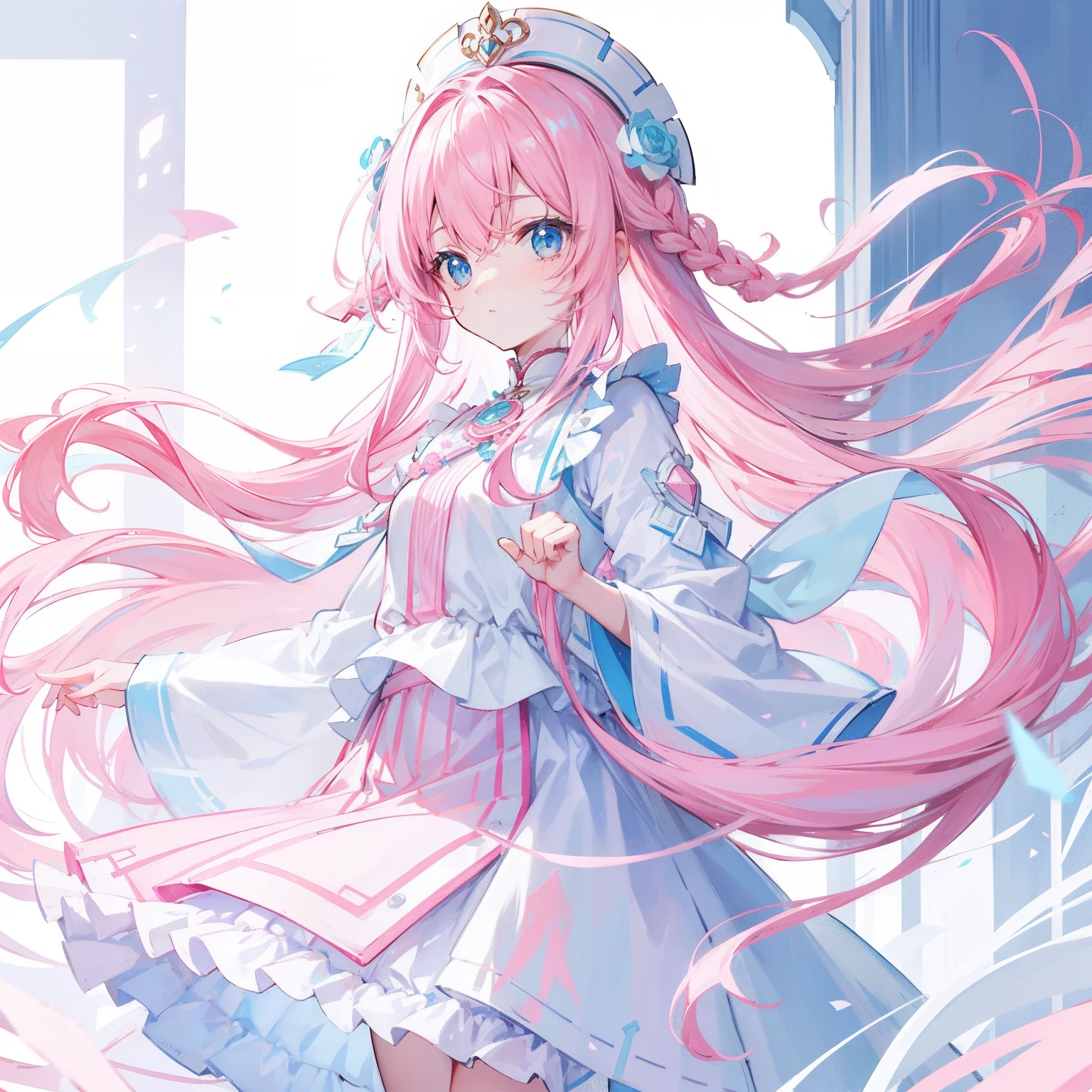 Long hair with light pink and white,Blue, White and pink clothes,She is a cute and cute girl,Transfer sister,It looks very light and gentle