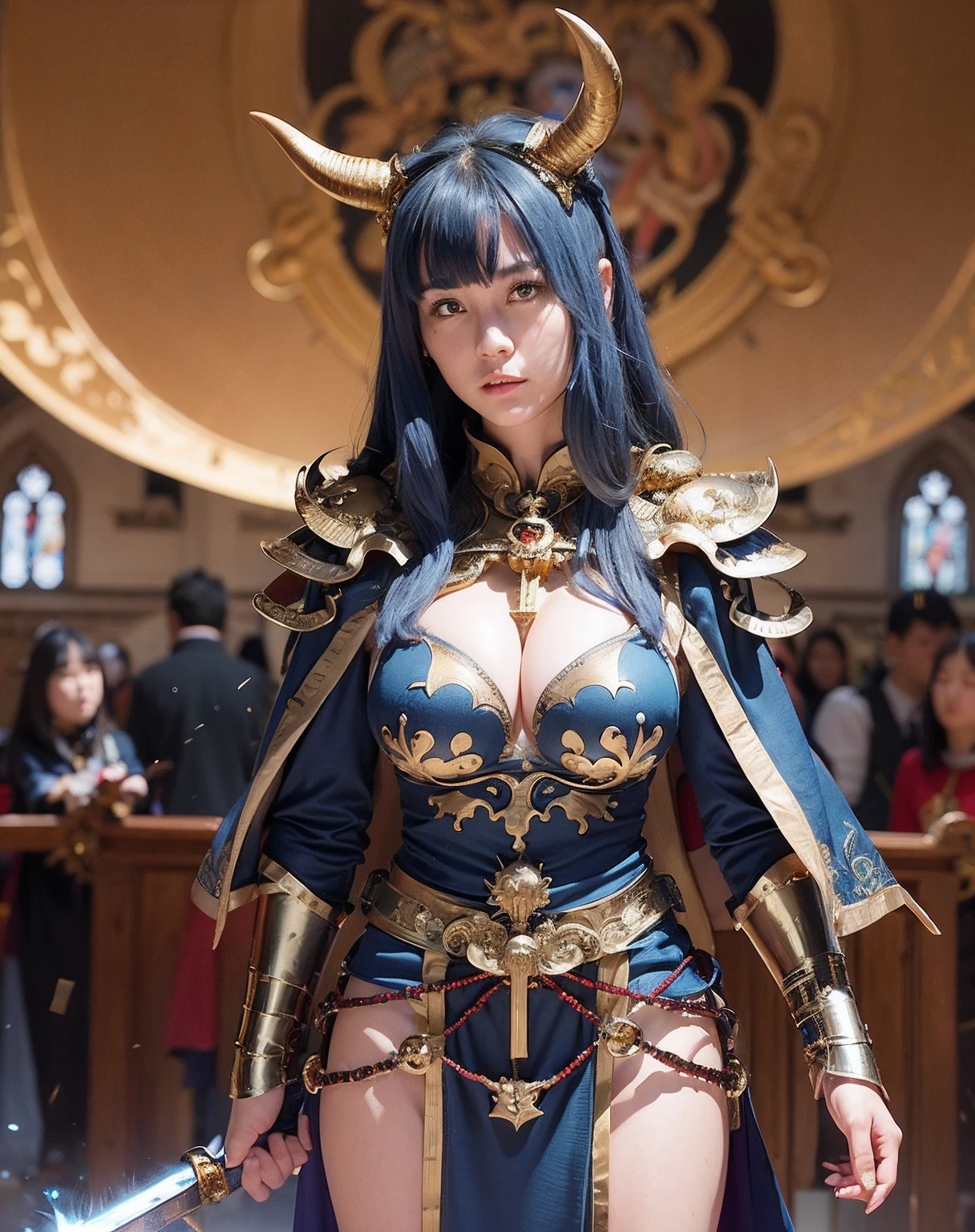 Professional , ​masterpiece、top-quality、photos realistic , depth of fields 、（Gemstone Blue Metal Body:1.２),(Matte Blue Black、（Standing in the church）、gold patterns、Wind-effect、Light Effects、Wind-effect、magic circles、（cleavage of the breast）、Dragon Gold Weapon（Dragon Metal Body:1.４),Gorgeous gold weapons ,（Particles of light）、（Strange expressions）、Mystical expression、16-year-old beautiful girl、（（ Dragon's dense and gorgeous sword）） , Ultimate Beauty   、（（Blue hair））、（Castle background）、The dragon、（（Gangle's forest background））、Beautiful Caucasian beauty、（１a person）、dynamic ungle,(((Details of the two demon horns on the head)))、Smaller head、A smile、Castle background、Thin and beautiful female hands、cleavage of the breast、Soldier in iron armor on background、Mystical expression、Light Effects、Wind-effect、magic circles、With the legendary magic wand、（demonic wings）、（Blue hair）、（1 persons）、Battle Look、Anatomically correct body、Toostock、Toostock、