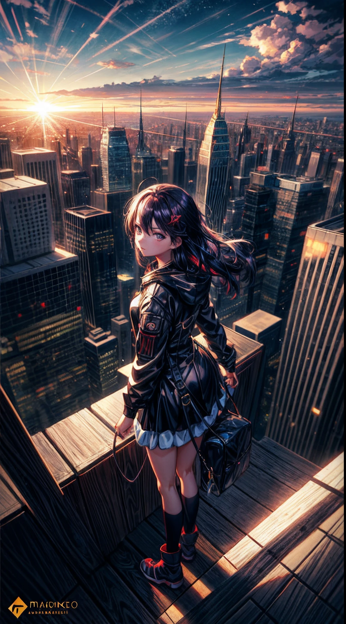 Anime girl looking at big city landscape from a height,Near Future City、 makoto shinkai cyril rolando, anime art wallpaper 4k, anime art wallpaper 4k, Anime art wallpaper 8k, inspired by Cyril Rolando, in the style dan mumford artwork, amazing wallpapers, by Yuumei