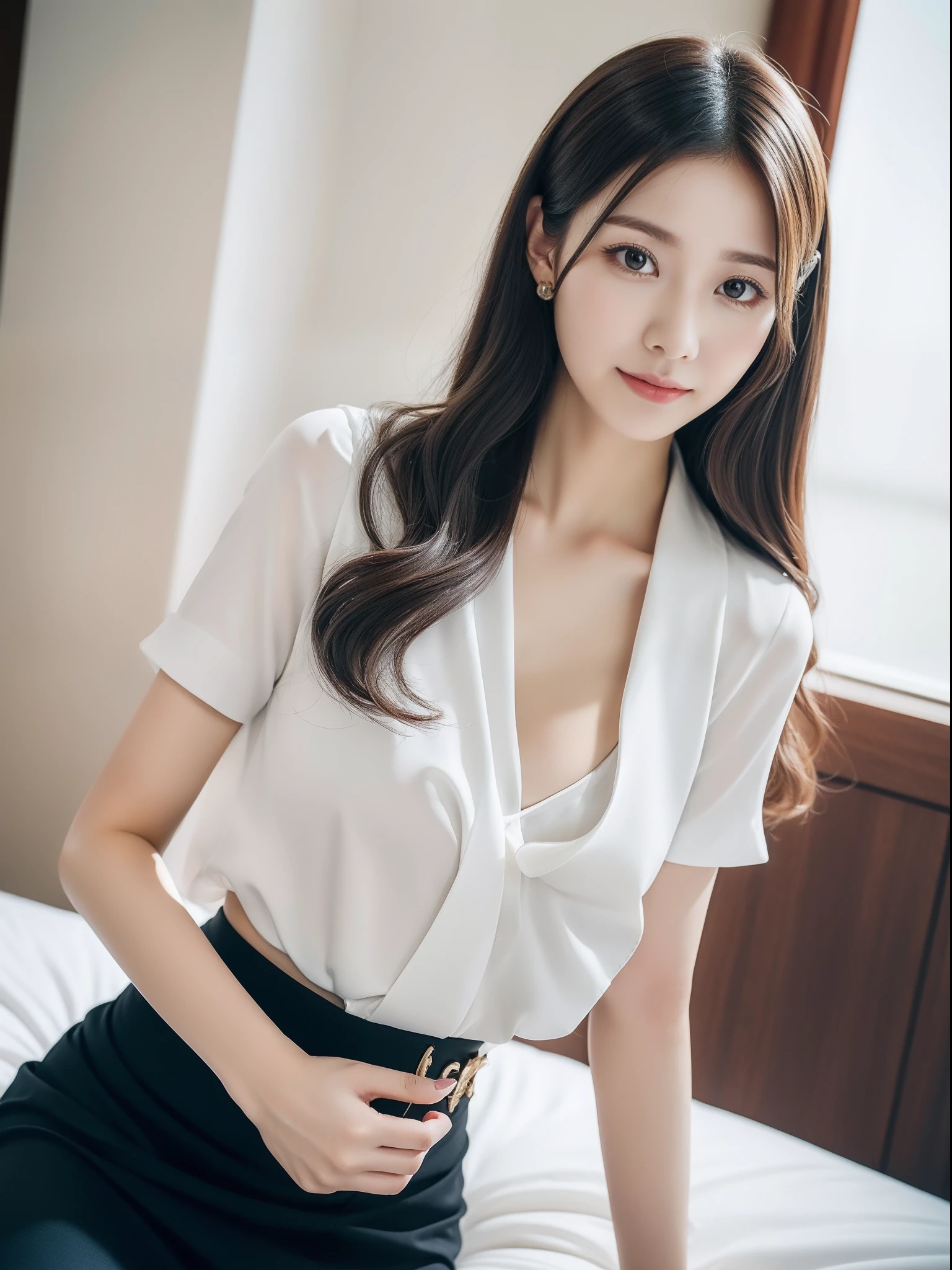 (button down shirt, panties: 1.2), ((of the highest quality, 8K, masutepiece: 1.3, Raw photo)), Sharp Focus: 1.2, (1 AESPA Girl :1.1), (Solo: 1.1), (Realistic, Photorealistic: 1.37), (Face Focus: 1.1), Cute face, hyperdetailed face, Short messy hair, updo, Small breasts, flat chest, sitting floor, school room, flower, plum blossoms