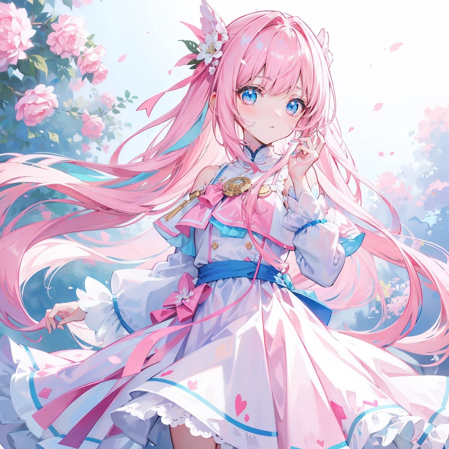 Long hair with light pink and white，Blue, White and pink clothes，She is a cute and cute girl，Transfer sister，It looks very light and gentle