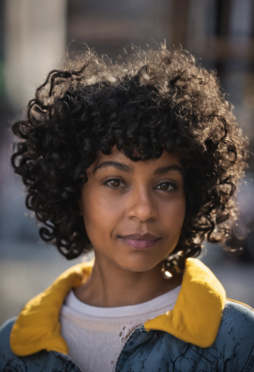 African-American girl about 40 years old 8 inches long curly hair, curly and short top hair, Short black curly hair, Short curly hair, curly bang, very short curly hair, Messy curls, Curly Black Hair Natural black hair，Street photography，Street photography，