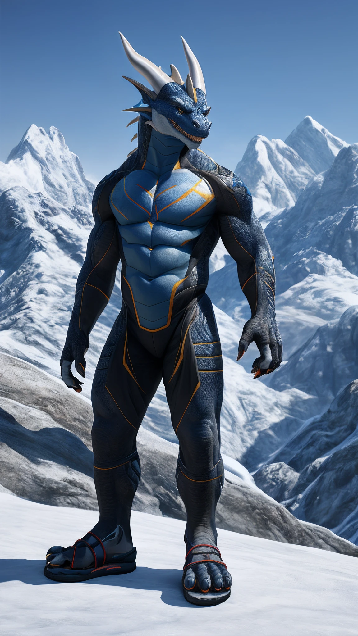 dragon,male,Android,Red Lingeri,sandals,standing in the snowy mountain,HD graphics,Detailed and realistic,high detal,high qulity,photo-realistic,photorealistic eye,Detailed paws,Clear eyes,Masterpiece artwork,Five-fingered hands,top-quality,32k,hyper HD,cg art
