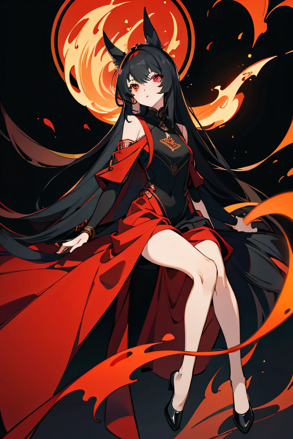 1 woman, (Masterpiece, Best quality:1.2), Good body,Wearing a red striped costume on a black background, Flame environment, amaryllis, Very long hair, Wasit had long hair, dual horsetail, Black color hair, Red eyes