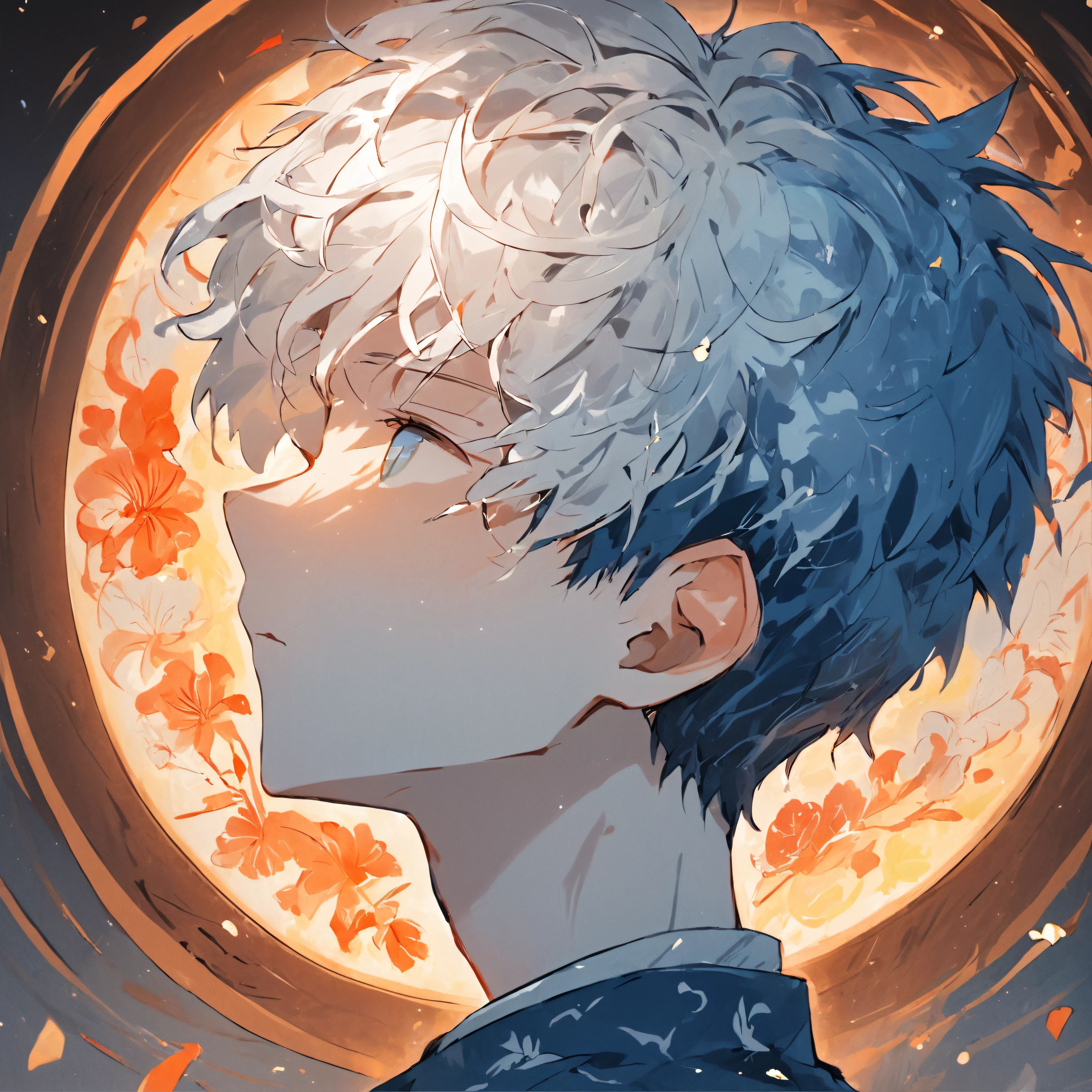(White background:1.4),(Silhouette of a boy's head, Eyes closed, Short blue and bowl hair, Oriental elements),(Chinese illustration:1.3,paper art:1.3, Quilted paper art:1.2),( Reasonable design logo, Clear lines, High sharpness,Best quality, Very detailed, Masterpiece, movie light effect, 4K ), bowl haircut, undercut hair