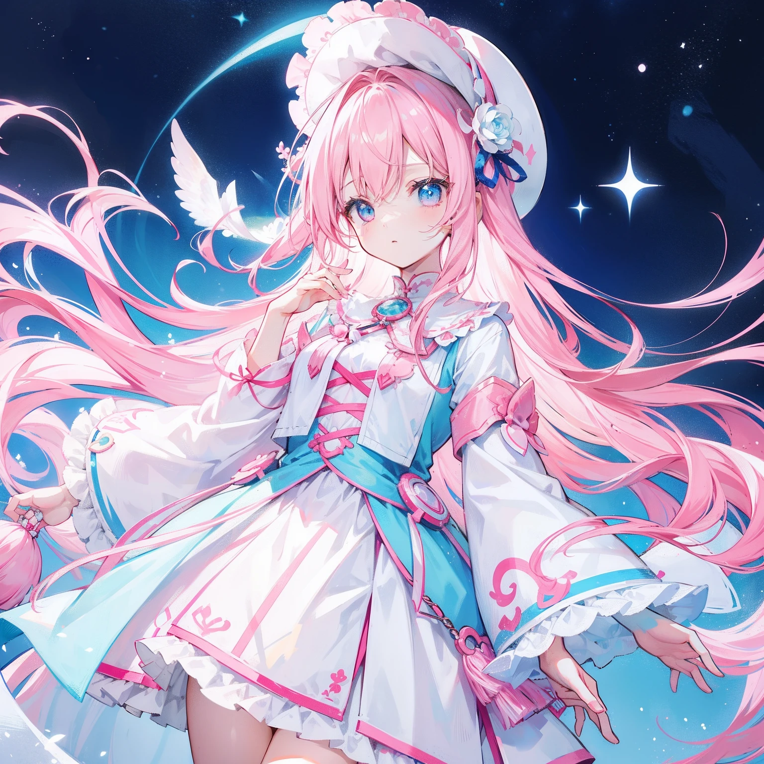 Long hair with light pink and white,Blue, White and pink clothes,She is a cute and cute girl,Transfer sister,It looks very light and gentle