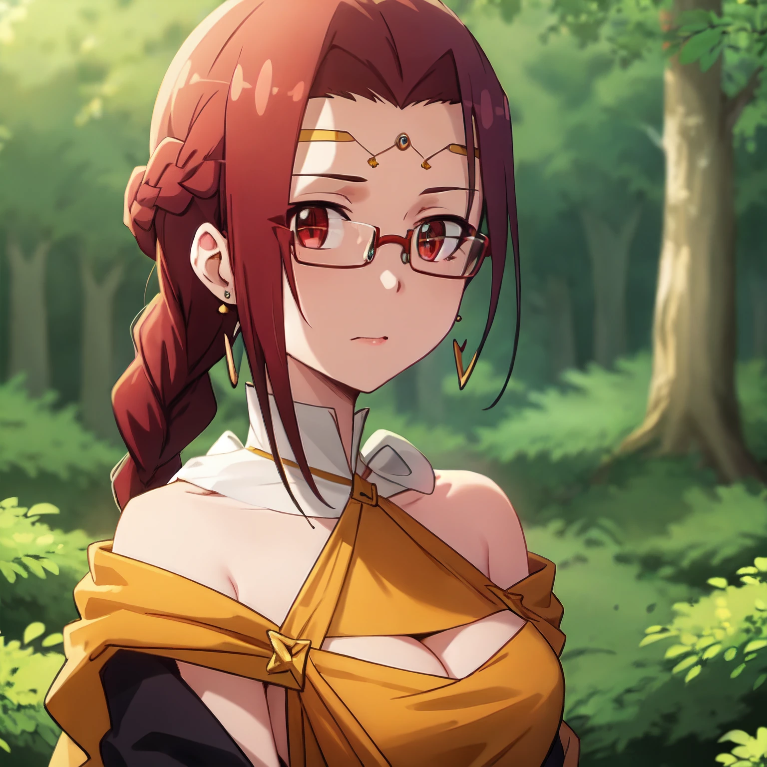 best quality, 4k, ((masterpiece)), extremely detailed, 8k, trending on ArtStation, Intricate, High Detail, Sharp focus,detailed background, (forest:1.4), 1girl, solo,(((glasses))), (((medium breast))), (((tall))),
1girl, solo, pina co lada,
looking at viewer, from angle, standing, circlet, earrings,
red eyes, red hair, long hair, braid, envoy dress, ponytail, jewelry, cleavage, hair ornament, collarbone