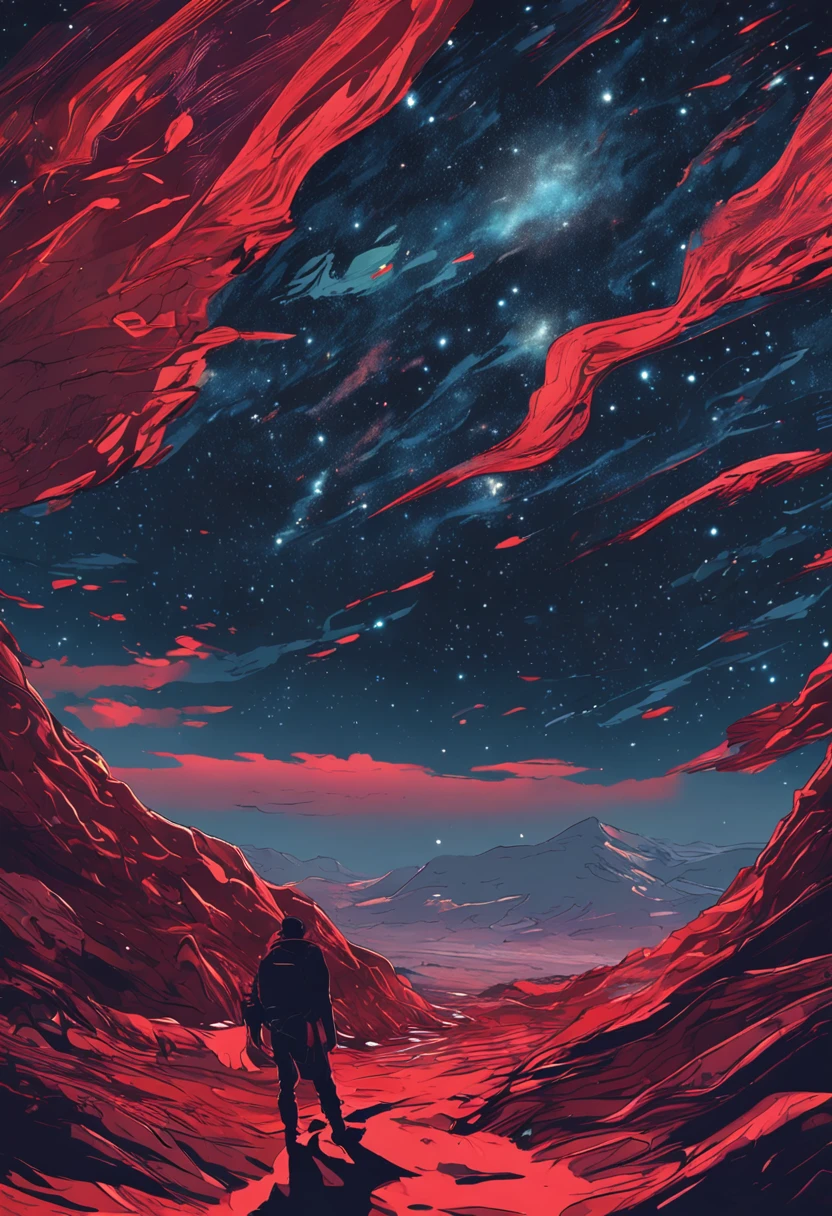 Starry night view and moving figures, Reflects the constant pursuit of adventure and exploration, Red emotion.