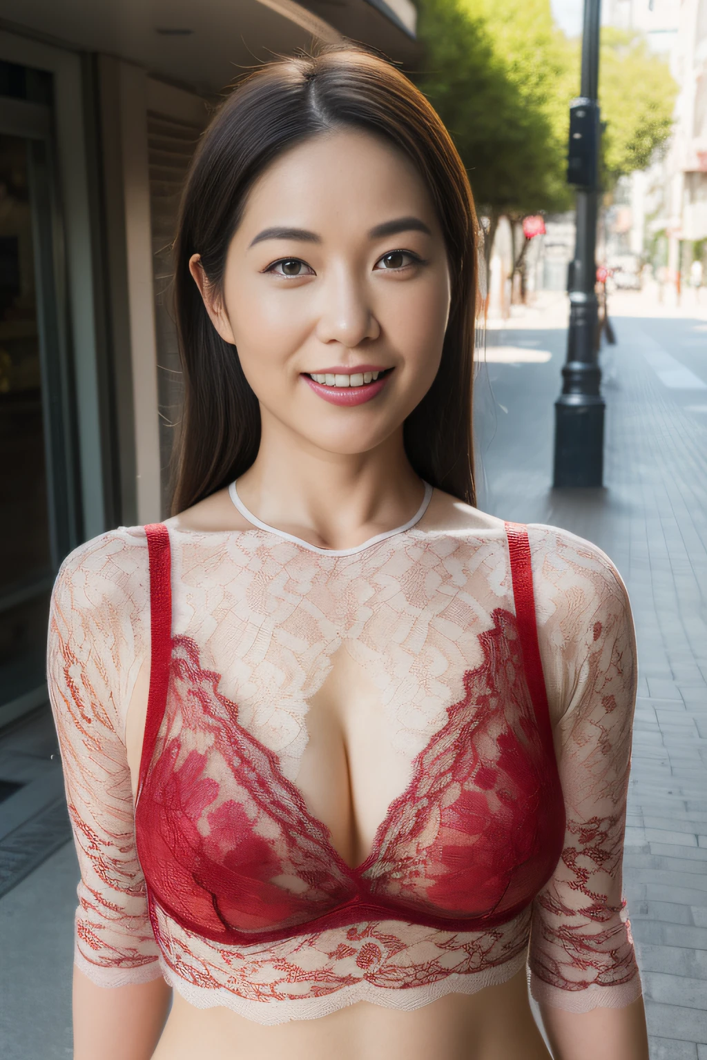 (Hot sexy ultra-thin red breastless lace sheer lingerie_Quarter cup bra:1.3),A little ugly face,Beautie,Seductive smile、naughty expression、Heavy breathing,Full body shot, masutepiece, Best Quality, (Photorealistic:1.4), a photography of a beautiful woman, 3 point perspective, Smiling, Perfect face, Detailed face.(standing nipple:0.8),(Outdoor photography_On the streets of the city:1.2)、Daytime,