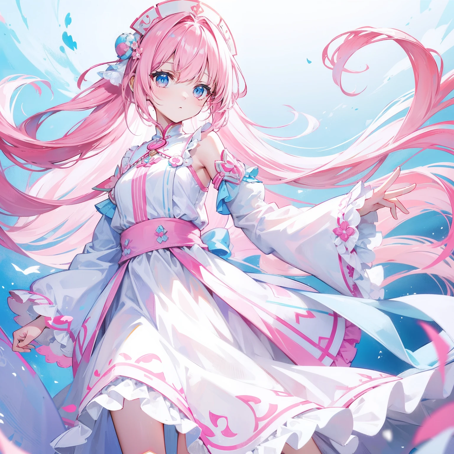 Long hair with light pink and white,Blue, White and pink clothes,She is a cute and cute girl,Transfer sister,It looks very light and gentle