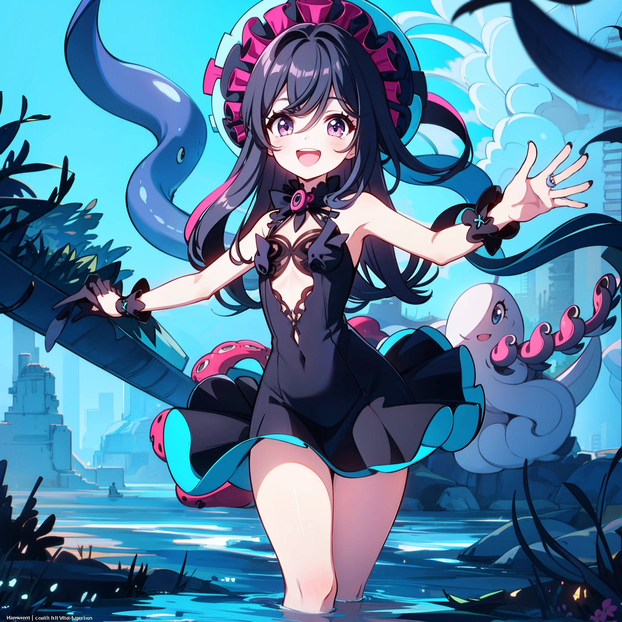 1girl, child, Blue navy dress with panties, long blue navy hair, masterpiece, best quality, full body, Sleep on your back under the sea, pink nails,
