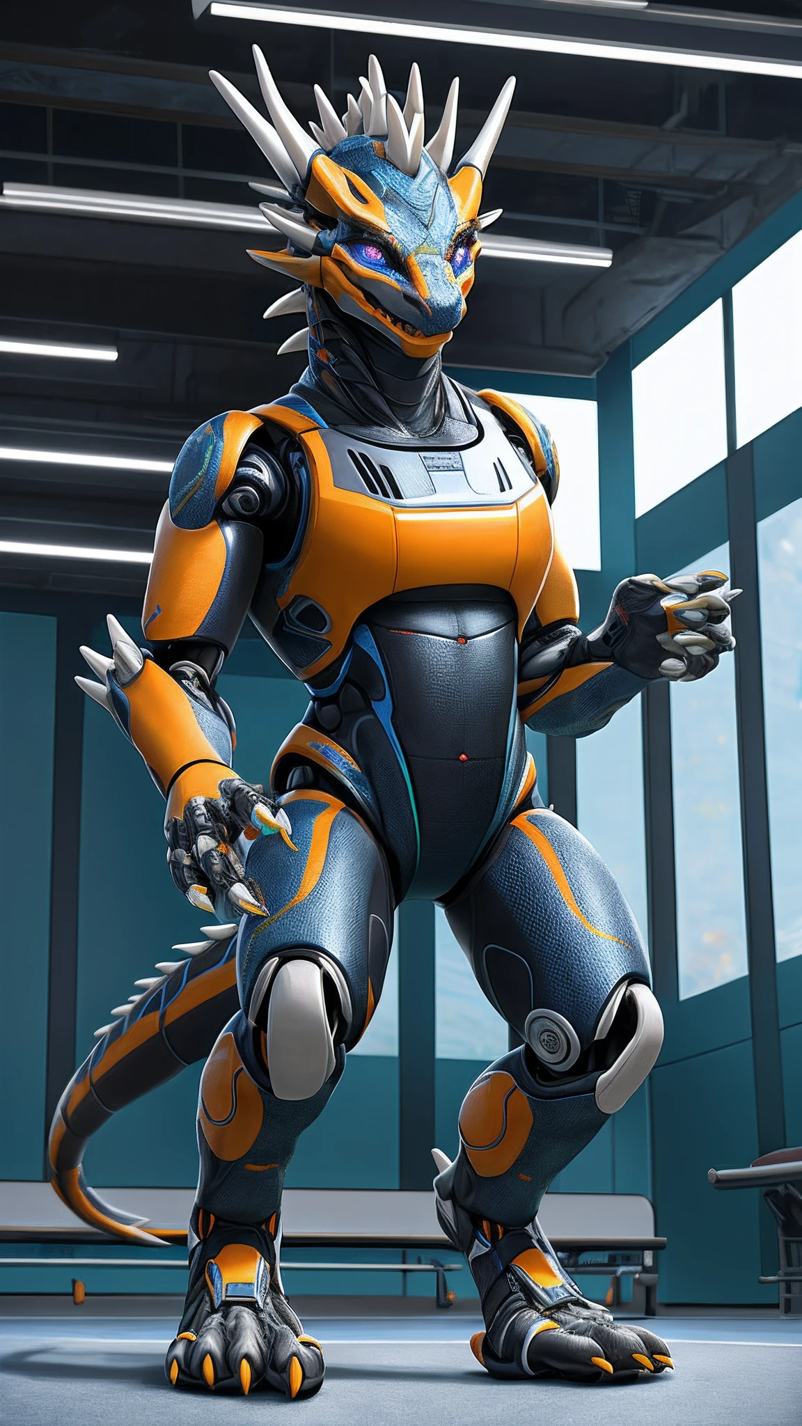 Bionic robot dragon，male，Gilet blanc，Genitalia，Lie on the machine bench，HD graphics，Detailed and realistic，high detal，high qulity，photo-realistic，photorealistic eye，Detailed paws，Clear eyes，Masterpiece artwork