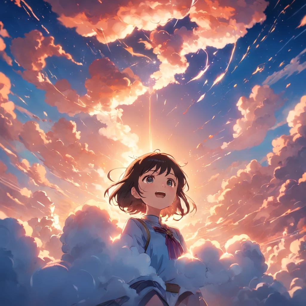masterpiece, best quality, movie still, 1girl, cloud girl, floating in the sky, close-up, bright, happy, warm soft lighting, sunset, (sparks:0.7)