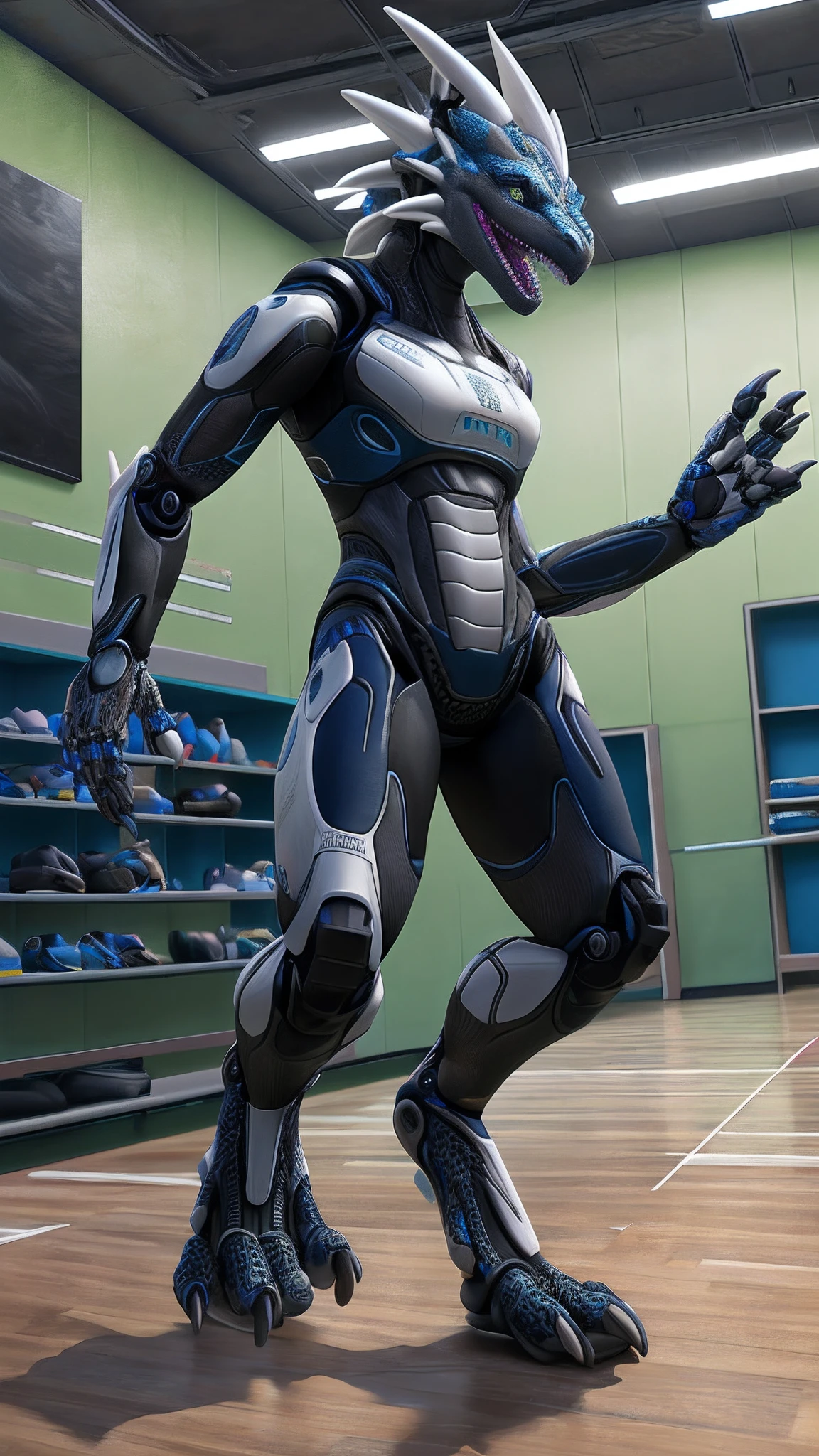 Bionic robot dragon,female,Android,Red Lingeri,sandals,Died in the dance training room,HD graphics,Detailed and realistic,high detal,high qulity,photo-realistic,photorealistic eye,Detailed paws,Clear eyes,Masterpiece artwork,Five-fingered hands,top-quality,32k,hyper HD,cg art