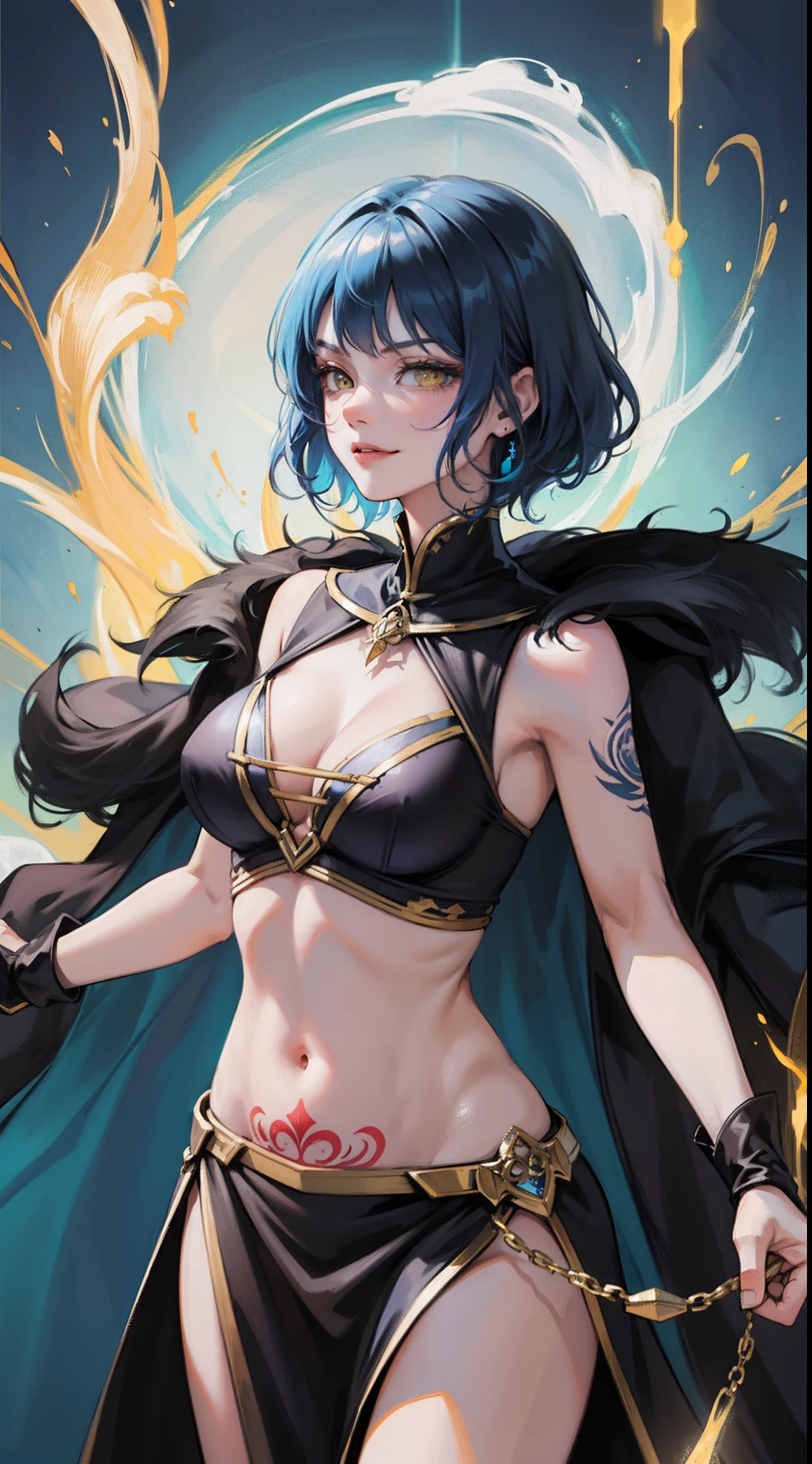 Adult woman, Short blue hair, Yellow eyes, tattoo, Dark magic dress, Sleeveless, open belly, open breasts, cloak, smirk, Masterpiece, hiquality