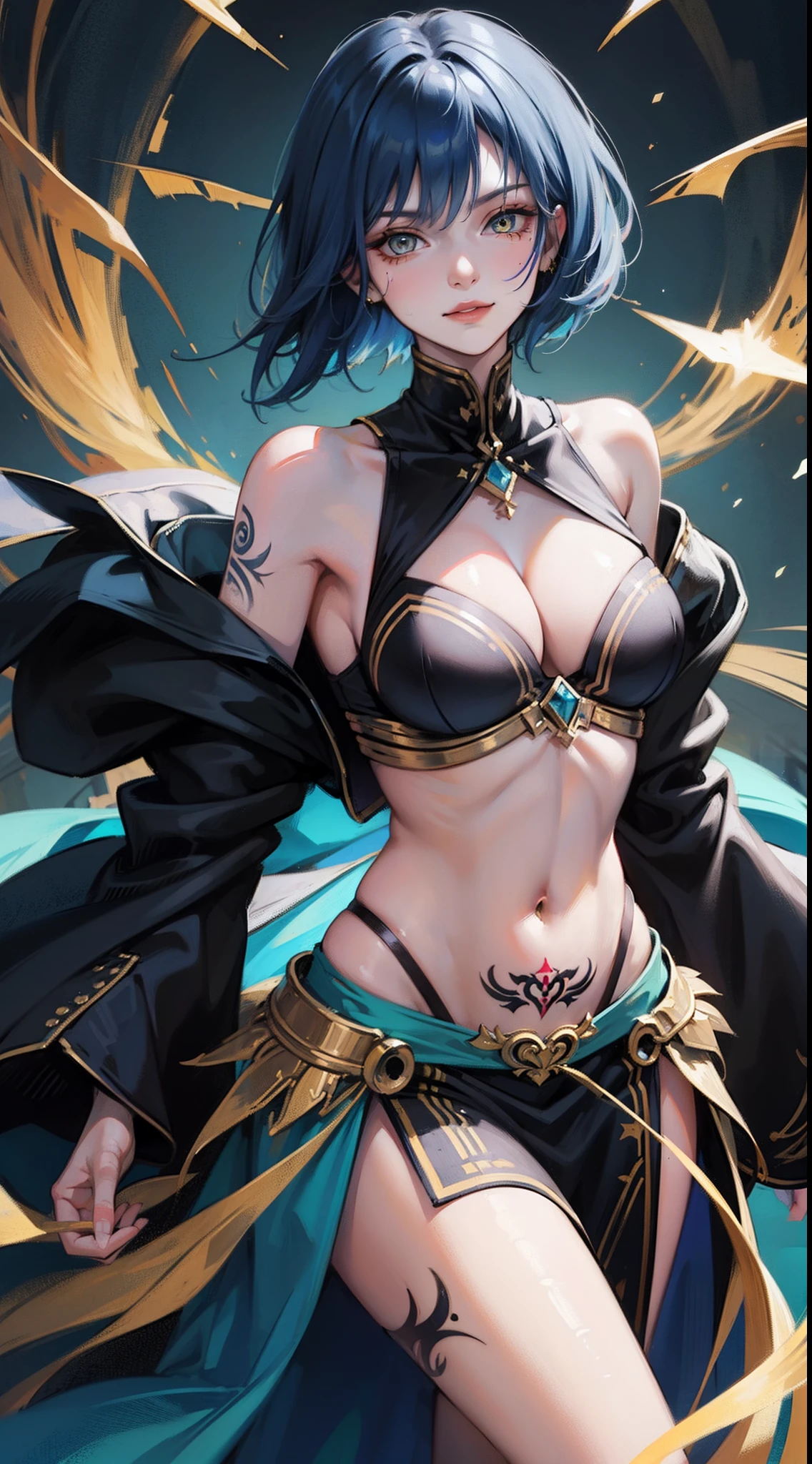 Adult woman, Short blue hair, Yellow eyes, tattoo, Dark magic dress, Sleeveless, open belly, open breasts, cloak, smirk, Masterpiece, hiquality