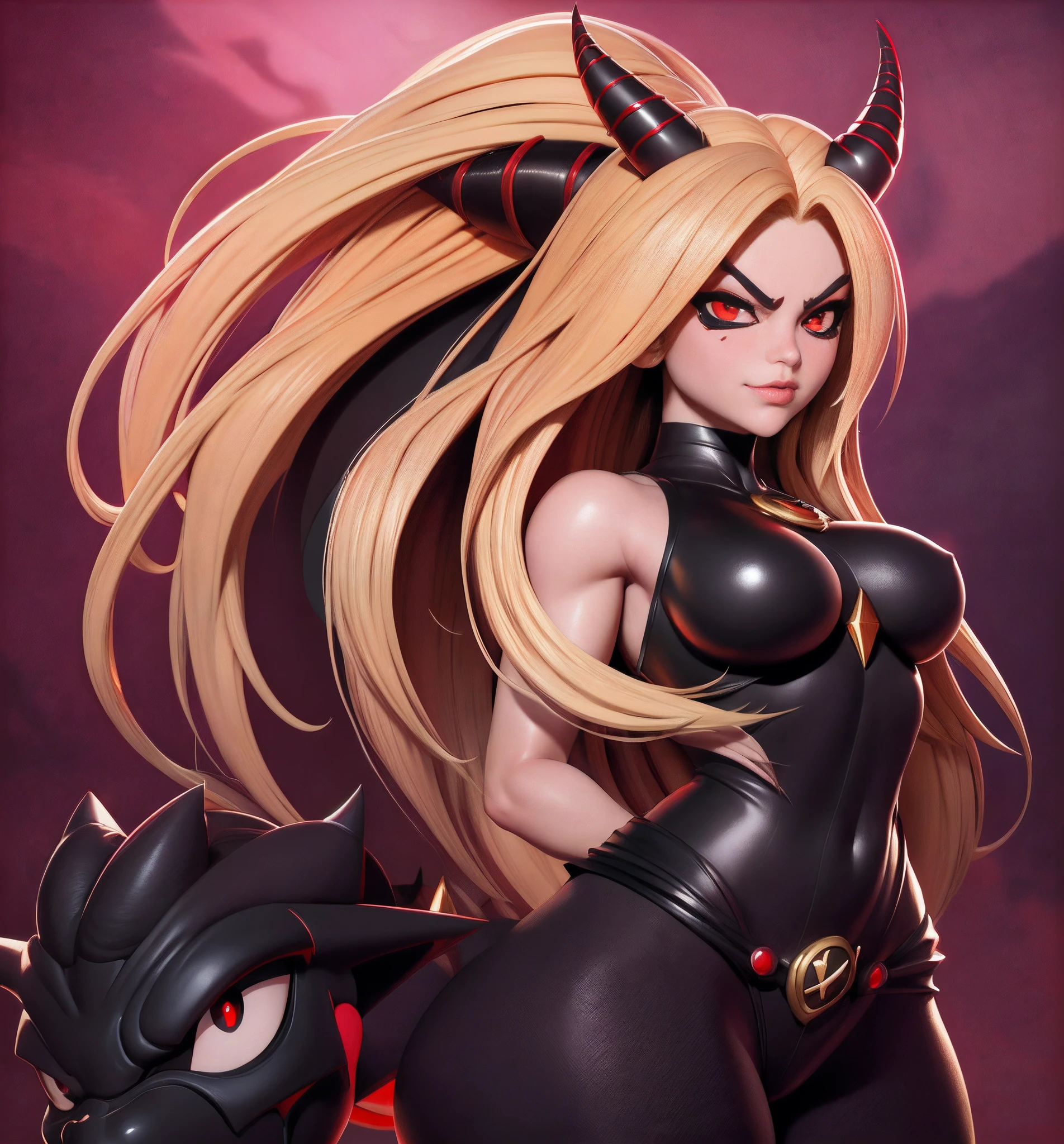 A cartoon image of a woman with a very large chest and very long blonde and black hair, Fanart officiel, Saiyan fille, official artwork, Broly, Version SFW, pose intimidante, symmetry!! portrait of akuma, a queue, Crocs, dans le style anime, Personnage de style anime, Detailed fanart, inspired by Taiyō Matsumoto, Artgerm, hyper realism, 8k, black sclera, red pupils, totally black sclera, black eyes with red pupils, golden horns