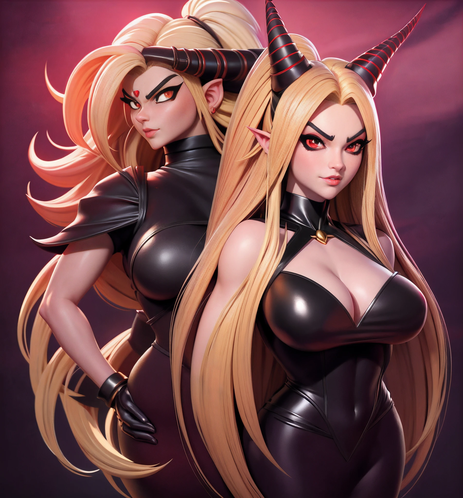 A cartoon image of a woman with a very large chest and very long blonde and black hair, Fanart officiel, Saiyan fille, official artwork, Broly, Version SFW, pose intimidante, symmetry!! portrait of akuma, a queue, Crocs, dans le style anime, Personnage de style anime, Detailed fanart, inspired by Taiyō Matsumoto, Artgerm, hyper realism, 8k, black sclera, red pupils, totally black sclera, black eyes with red pupils, golden horns