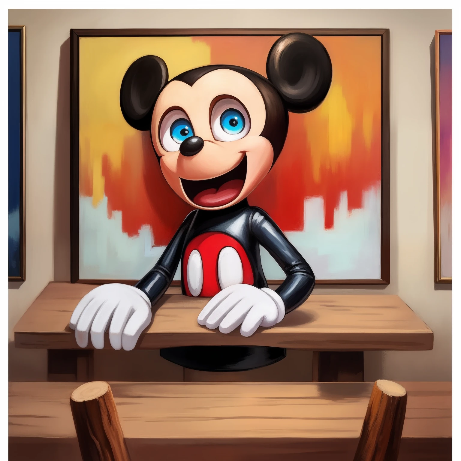 Mickey Mouse, no legs, legless, missing legs, stump leg, blue eyes, open smile, big and wide mouth, agape, Frame, Painting, beautiful