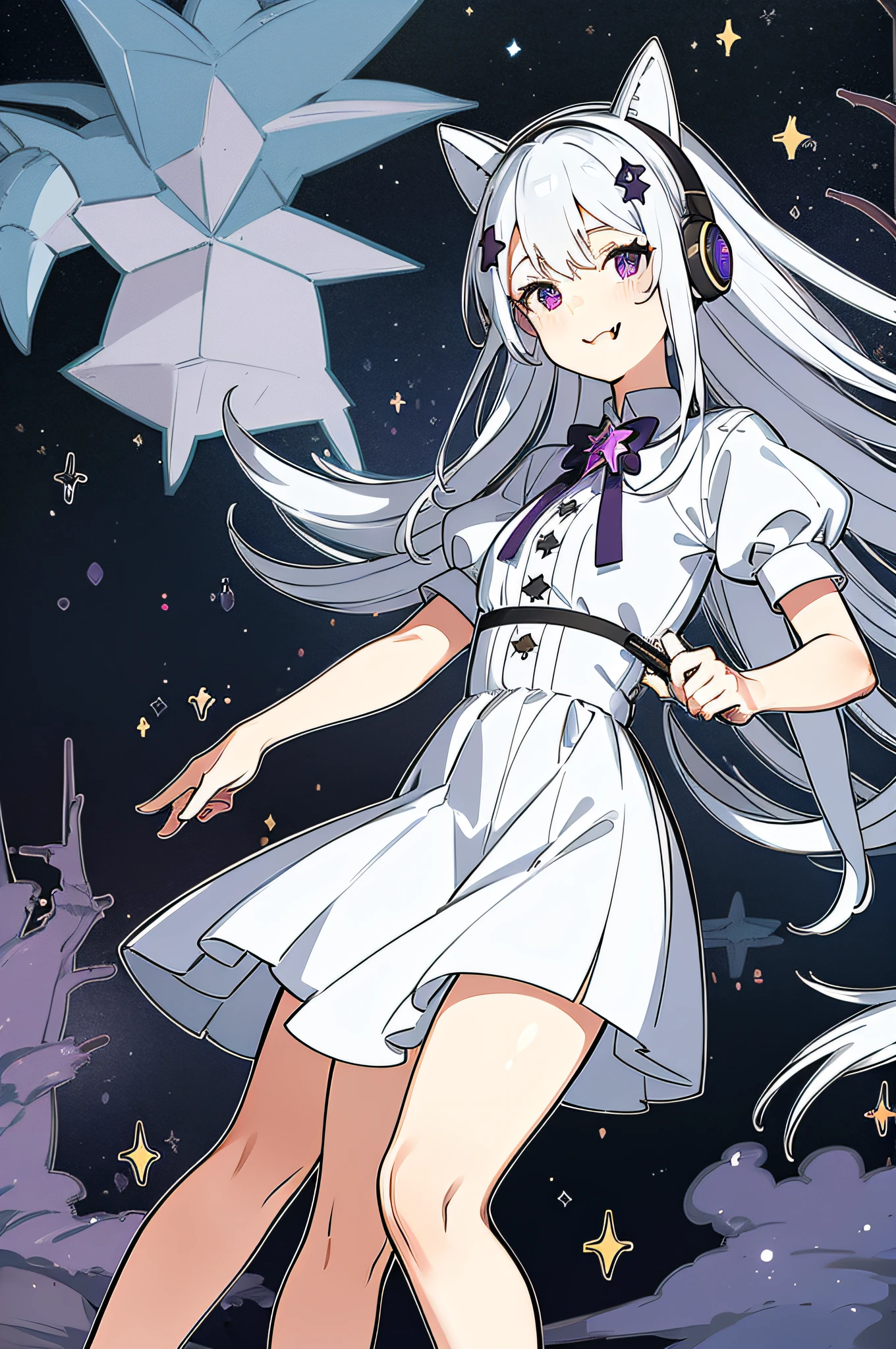 Under the dark starry sky,Notes fall in the sky,Maiden on the roof,Pure white hair,Purple eye,Star pupils,Purple headphones,Note hairpins and star hairpins,Smug,Smile,with her mouth open,Show cute fangs