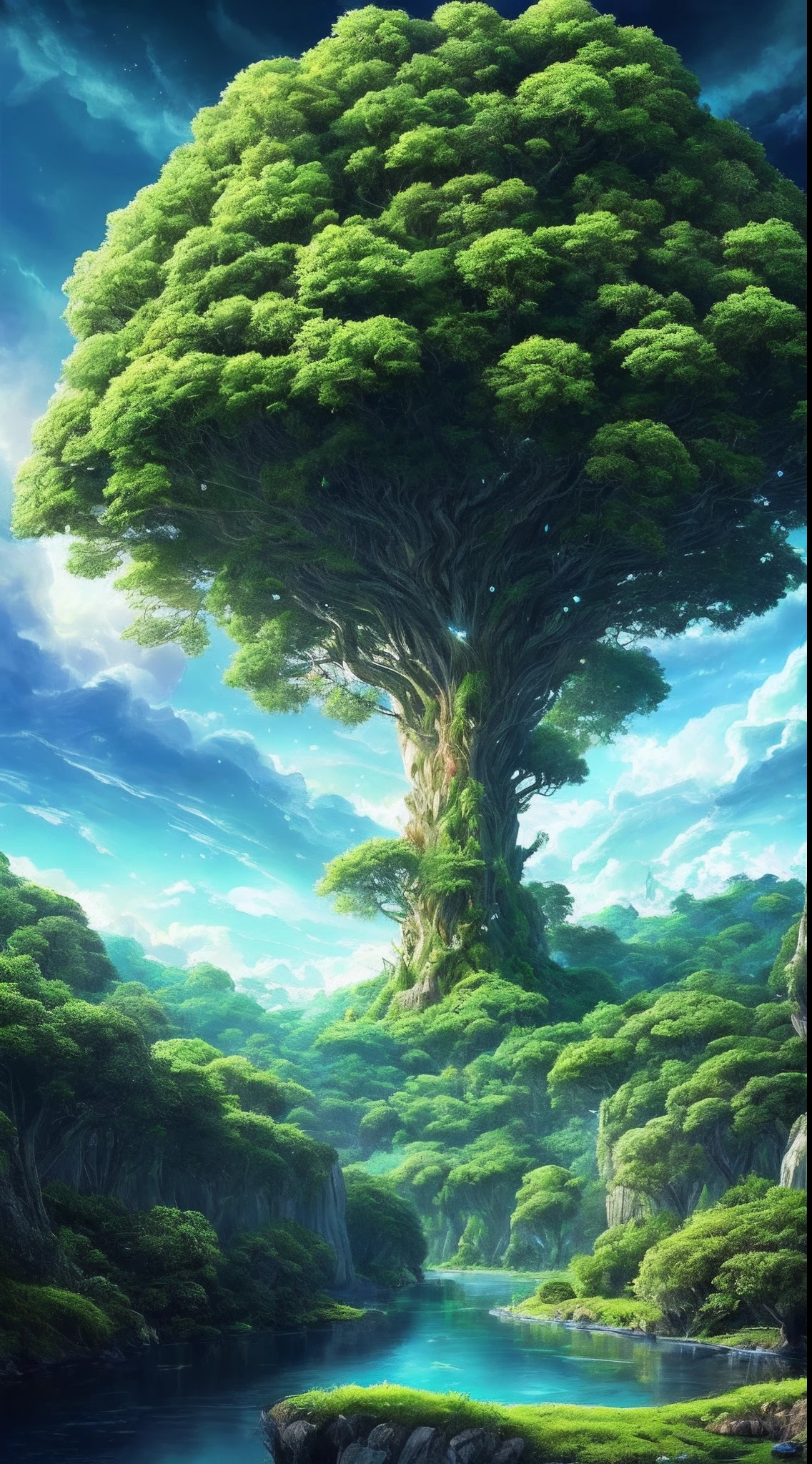Illustration of a surreal, otherworldly, hyper sky scene including a giant crystal tree full body, highly detailed and magical lighting, intricate forest details, vegetation and surrounding river, solar punk, landscape, giant tree , beautiful green leaves, beautiful lighting and realistic proportions, as if this is a movie background, 8k, highest quality, masterpiece, clouds and stars in the sky.