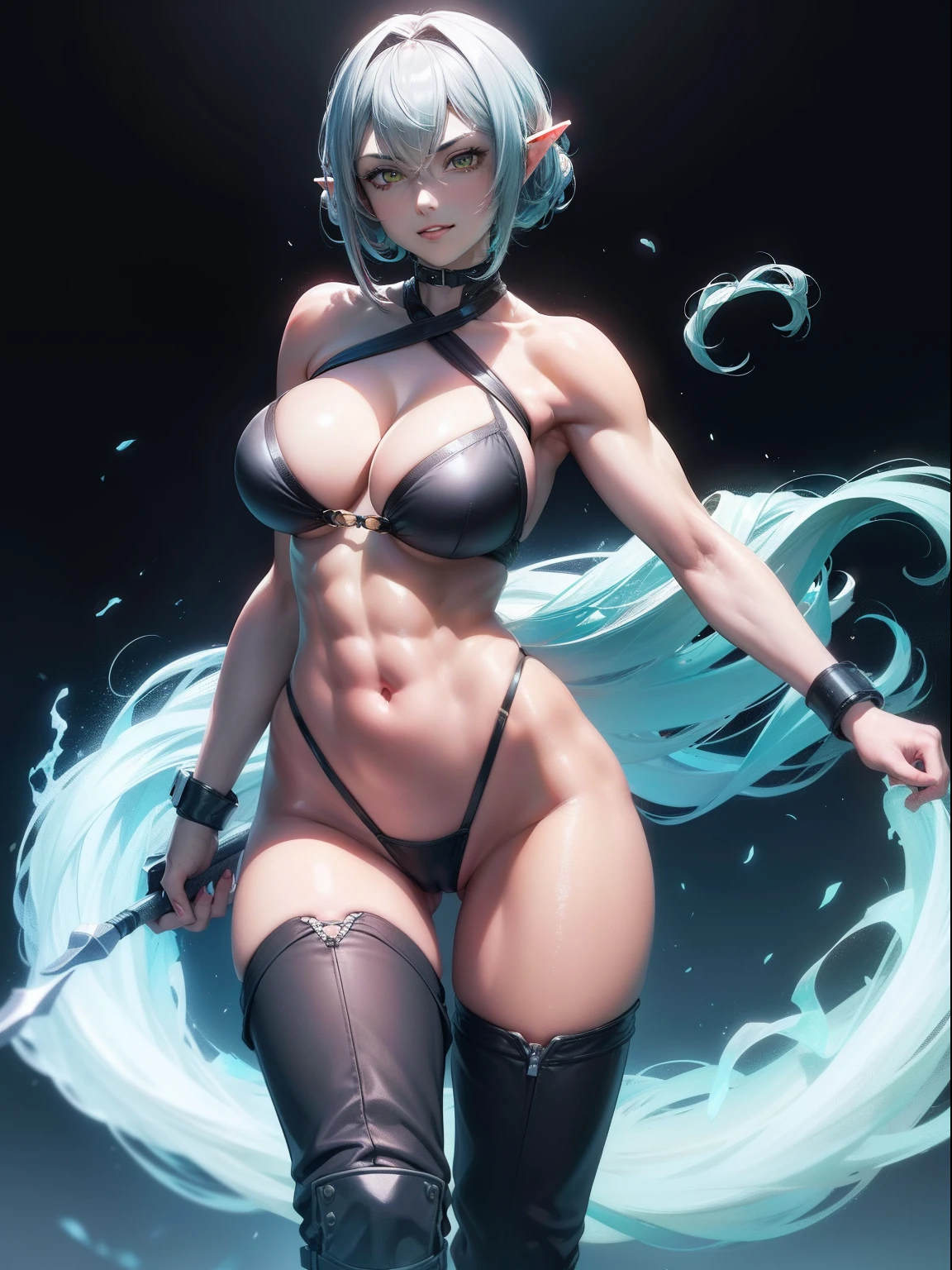 ((One Woman)), One Woman, masutepiece, of the highest quality, posterior view, Queen of the Grey Elves, bikini of, central, Belt bag, Peach Boots, viewer, Face, Portrait, Glowing eyes, Green smoke, Ass, Black background, Raised breasts, Bare skin, facial expression of smile, devil's figure, Docking screen, Muscle Girl, Krautin Gregg Open, Lower body