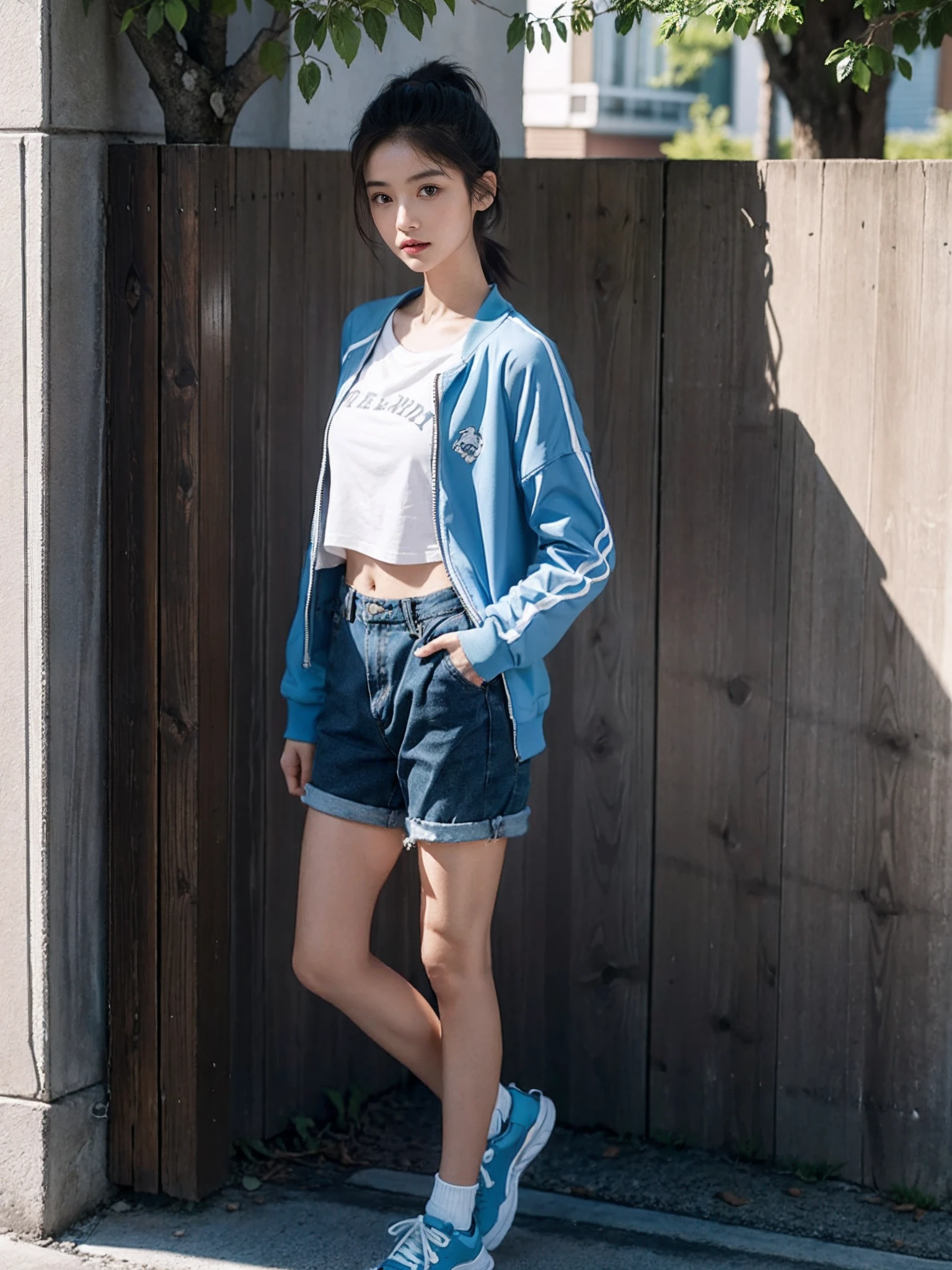 ((smallunderboob,Tomboyish,small heads)), (Well-defined abs: 1.1), (perfect bodies: 1.1), (short-length straighthair: 1.2), Black hair, upper body photos, attractive collarbone，（极其细致的CG 8k壁纸），（Extremely refined and beautiful），（tmasterpiece），（best qualtiy：1.0），（超高分辨率：1.0），beautiful light up，Perfect lightning，realistic shaded，[A high resolution]，Smooth and flawless fair skin，ultra - detailed ，Elongated legs，flatchest，Slim，emaciated，Short ponytail hair，Light blue track jacket-style school uniform top with dark blue sleeves，Black gray short-sleeved T-shirt，Pair with pink flowers，Loose fit，denim short，White sneakers，夏天，eventide，A sea of people，at the doorstep of a school，Outside the walls，are standing，outside，Tree-lined roadsides