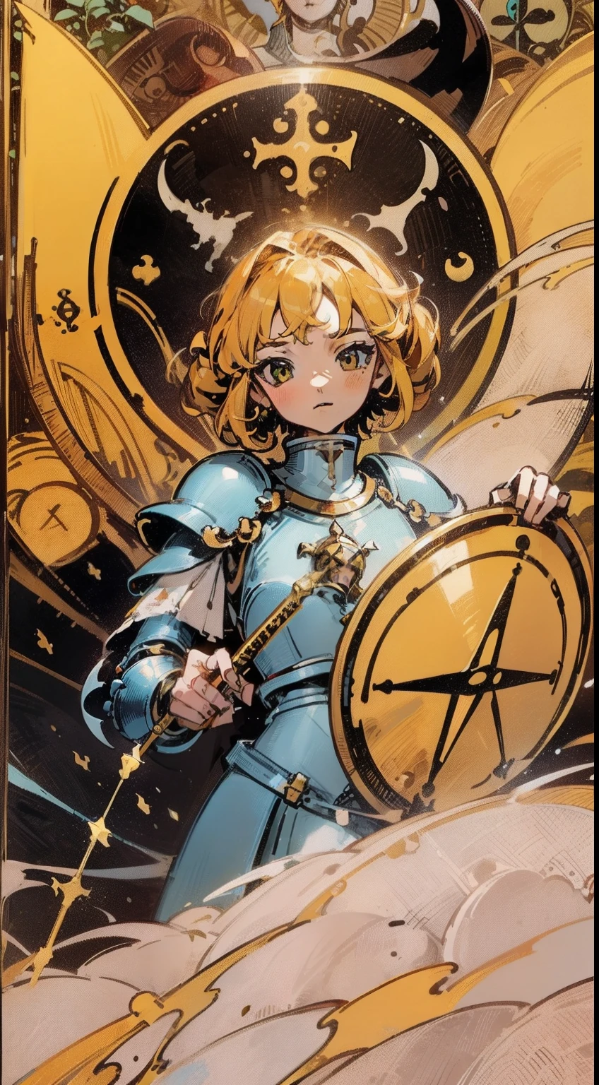 (Masterpiece, Best quality;1.3),(tarot cards:1.2), 1female,female-focus,cabellos largos dorados, Young, Beautiful face, crusader, Armor,A shield, Solo, view the viewer, calligraphy characters, symetrical composition, long shadow, cloody moon,blood splattere, Ultra detailed