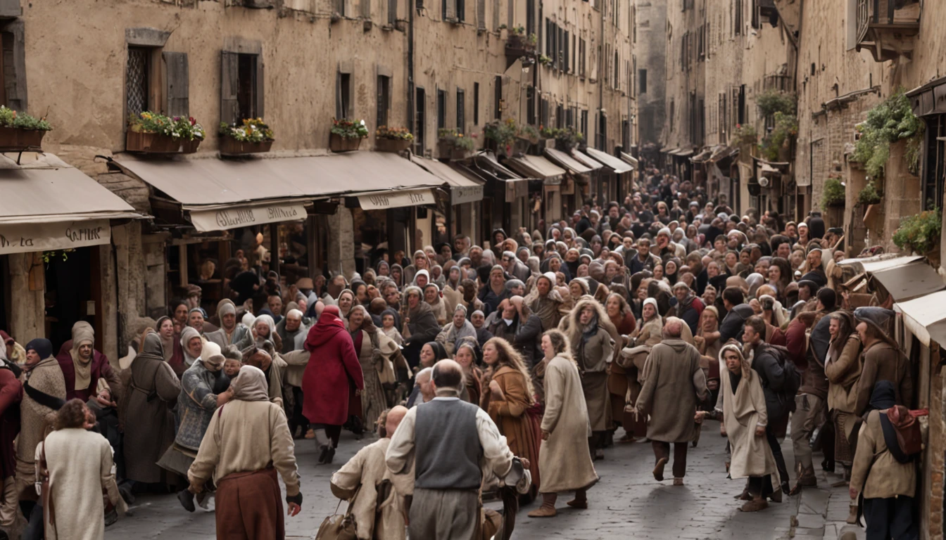 A crowded street corner, with people coughing and sneezing, a rat scurrying in the shadows in 1300s.