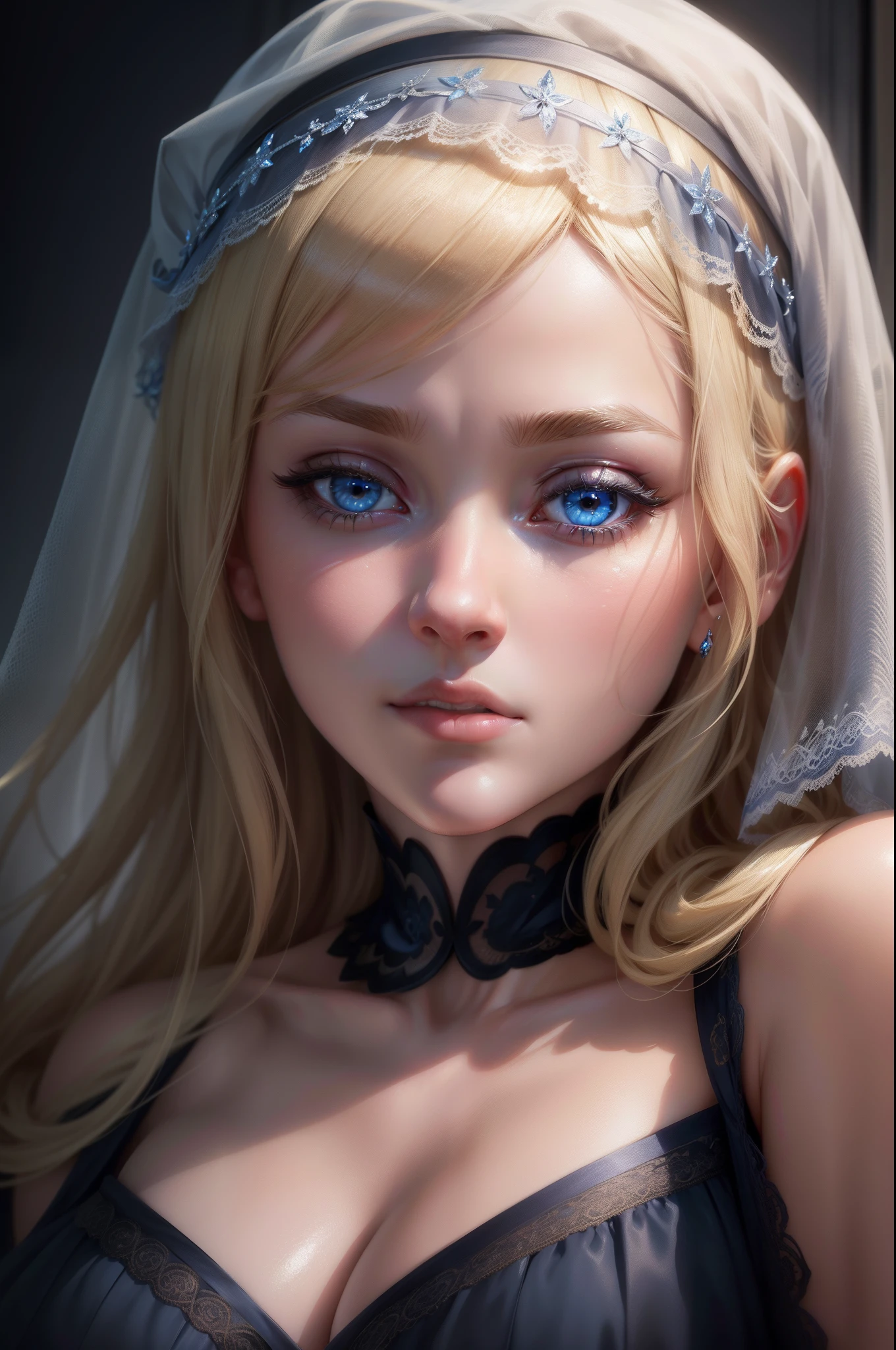 Blonde woman with blue eyes and veil on head、Soft portrait shots 8 k、Photorealistic beautiful face、8K portrait rendering、Realistic beautiful face、beautiful realistic face、photorealistic anime girl render、hyperrealistic beautiful face、8K realistic digital art、realistic digital art 4k、realistic digital art 4 k、very realistic digital art,dynamic angle, full body