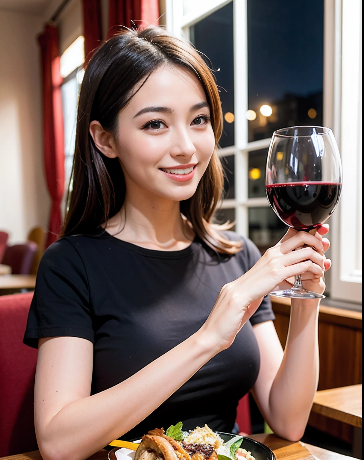 (64K, UHD, top quality, masterpiece: 1.2), (realistic, photorealistic: 1.37), super detailed, pretty woman 1 person, (slim face), (slim body), (brown hair), (short cut), cheeks slightly blushing, (44 years old), 38 years old, solo, beautiful detailed urban night view outside the window, restaurant, wine glasses sit, at night, in a prominent placeNovaFrogStyle, Actress, Model, Waist Up, White Wine, Slim, Wine Glass, Super Clean Night View, Wine Glass Put in the Middle, Happy Smile, (Smile: 1.15), Beautiful Fine Eyes, Upper Body, Bust Japan Up, Night, Short, Short, Actress, Model, Waist Up, White Wine, Slim, Wine Glass, Super Clean Night View, Wine Glass Put in the Middle, Happy Smile,