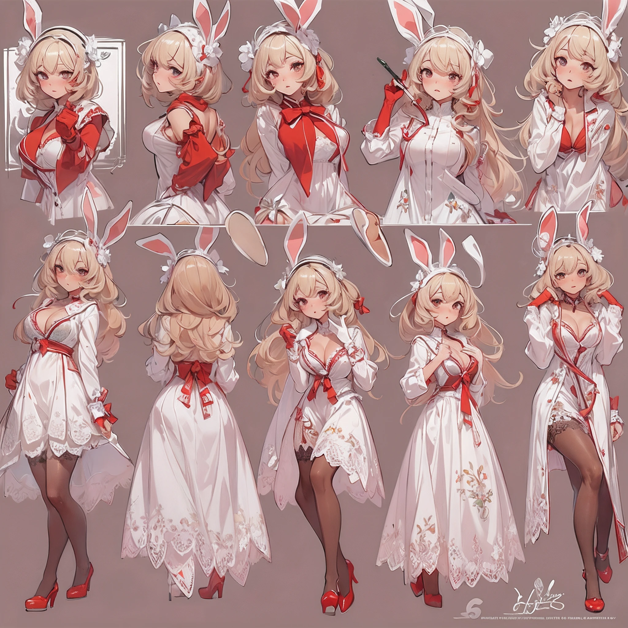 ((Masterpiece, Highest quality)), Detailed face, CharacterDesignSheet，full bodyesbian, Full of details, Multiple poses and expressions, Highly detailed, Depth, beuaty girl，Lace outfit，lacepantyhose, High Balance, Natural light, Wear a red bunny suit